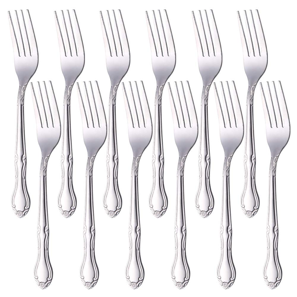12-Piece Stainless Steel Dinner Forks Set - Rose Pattern Salad & Dessert Forks, 7.3