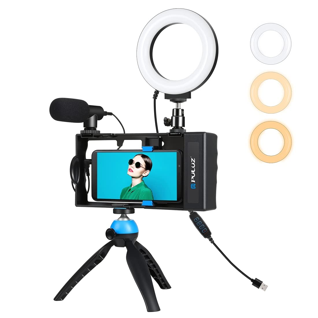 PULUZ Smartphone Video Microphone Kit with Ring Light - Phone Holder & Adjustable Tripod for Vertical/Horizontal Shooting - Professional Vlogging Kit for iPhone, Samsung Galaxy, Huawei (Perfect for YouTube, TikTok, Live Streaming & Content Creation)