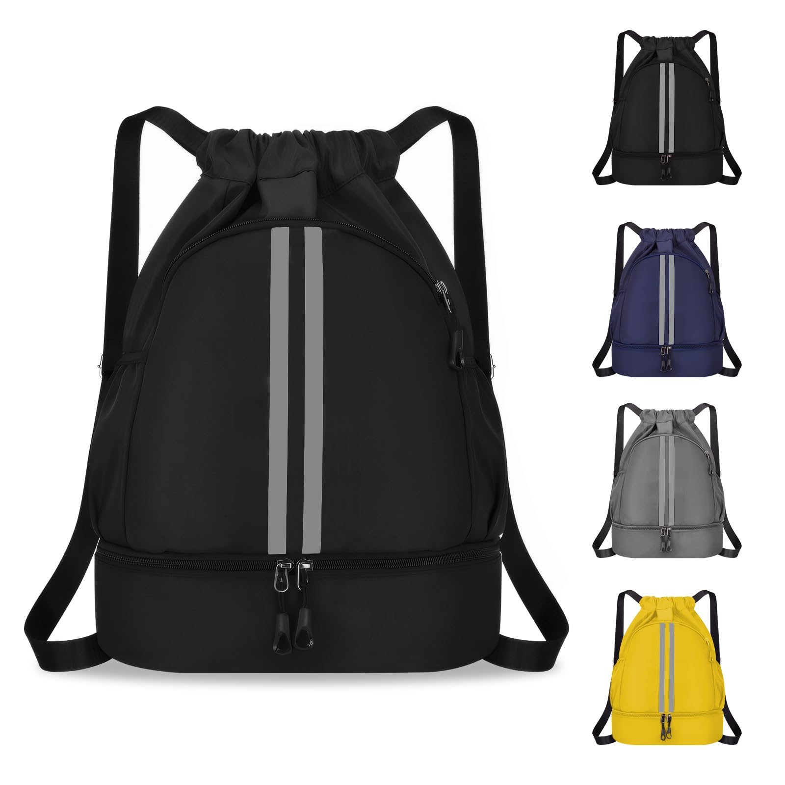 MEYDLL Gym Backpack - Large Capacity Waterproof Drawstring Bag with Reflective Stripes & Side Pockets for Men & Women - Perfect for Workout, Travel & Outdoor Sports
