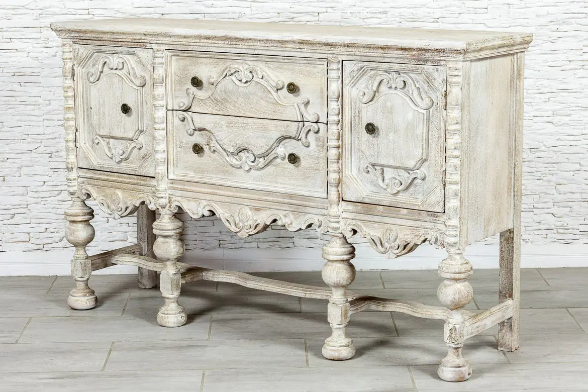 French Arched Hand Carved Indian Solid Wood Console Hall Table - Whitewashed Distressed Finish - Entryway, Living Room, Foyer Decor - 36 Inch Farmhouse Style Sofa Table