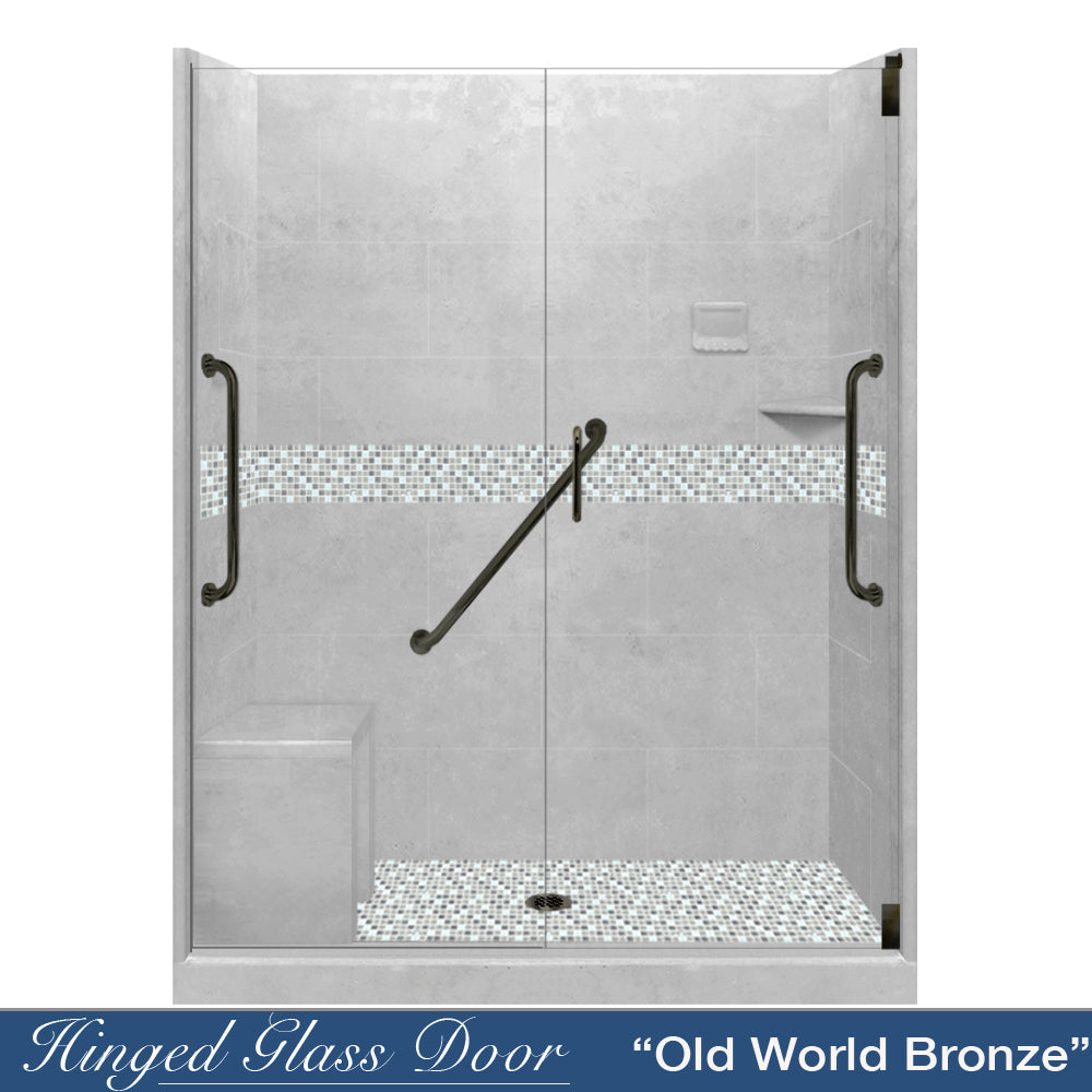 Freedom 60 Alcove Shower Remodel Kit with Portland Cement Sistine Stone & Del Mar Mosaic Accent - DIY Bathroom Upgrade for Modern Home Renovation