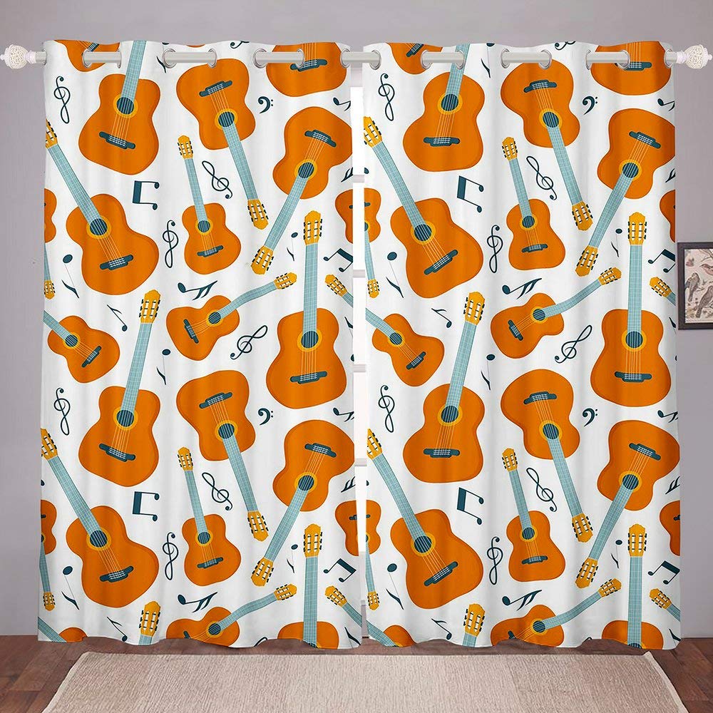 Brown Guitar Print Window Curtains with Grommets - 2 Panels 76x54 Inches for Bedroom, Living Room & Kitchen - Music Theme Home Decor for Musicians & Music Lovers