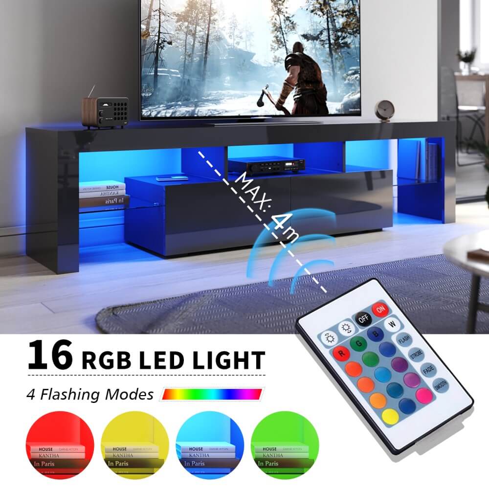 16 Colors 1800mm LED TV Stand with Storage - Black Entertainment Unit for Living Room, Bedroom & Home Theater