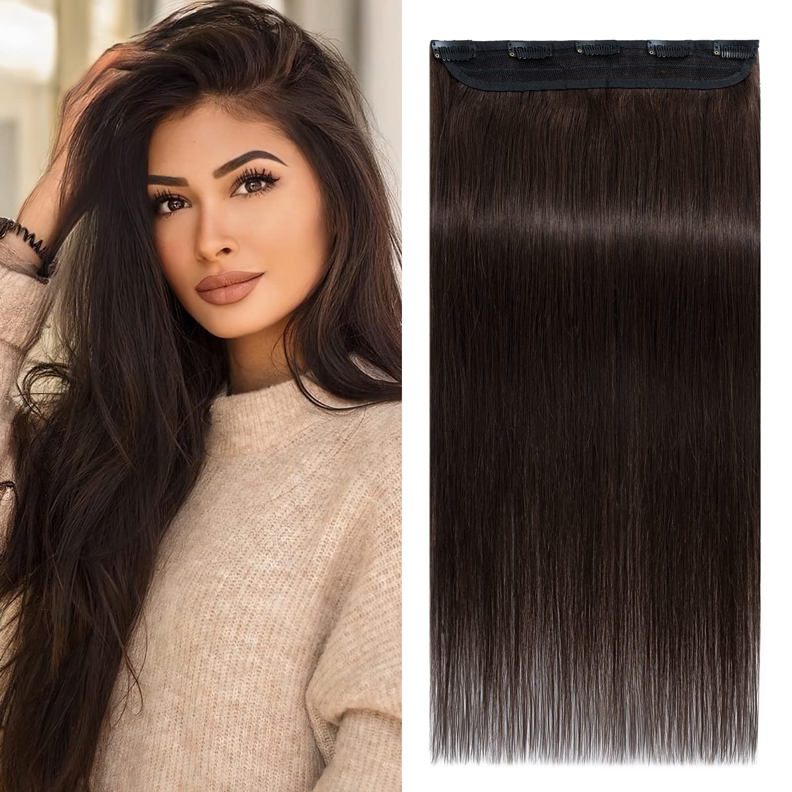 Benehair Dark Brown Clip in Hair Extensions 16 Inch Straight 3/4 Full Head One Piece with 5 Clips - 100% Real Human Hair for Women with Thinning Hair (#2 Dark Brown) - Perfect for Daily Styling, Volume Boosting & Special Occasions