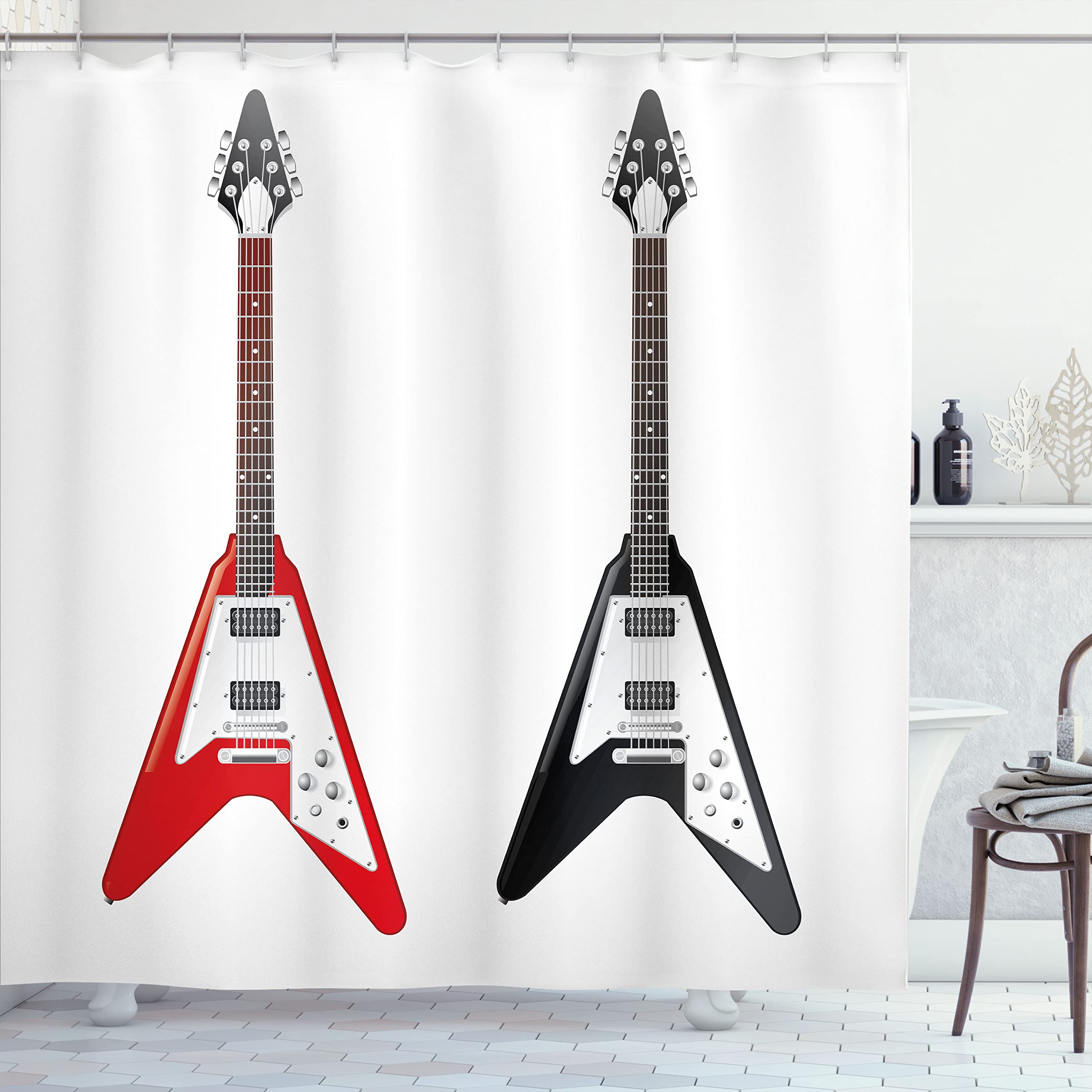 Ambesonne Guitar Shower Curtain - Musical Instrument V-Shaped Design Rock & Roll Theme, 69x70 Inch Fabric Bathroom Decor with Hooks in Vermilion Dark Grey | Perfect for Music Lovers' Bathroom & Rock-Themed Home Decor