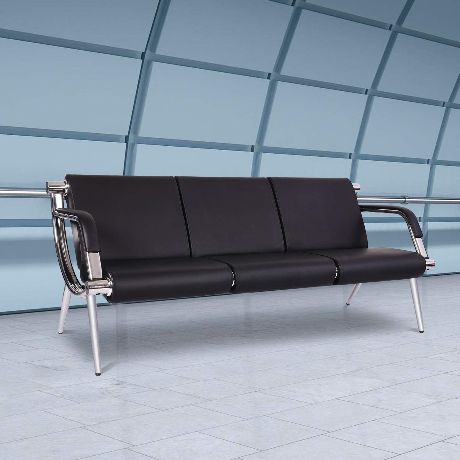 Premium Black Leather 3-Seat Waiting Room Sofa - Office Reception Chairs for Lobby, Clinic, Airport & Commercial Spaces - Durable Guest Seating for Hospitals, Schools, Barber Shops & Business Waiting Areas