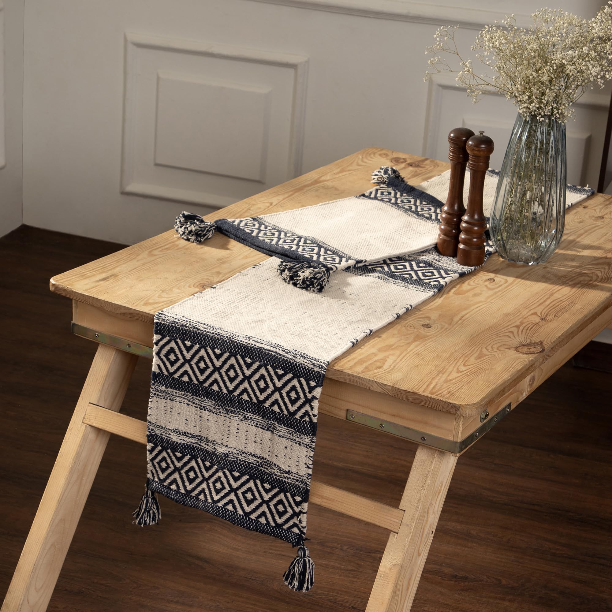 REDEARTH Hand Woven Boho Table Runner - 100% Cotton Decorative Table Cover for Dining Table, Coffee Table, Console & Dresser - 13x72 Inch Artisan Made Home Decor (Indigo) | Perfect for Boho Chic Dining, Farmhouse Decor & Wedding Table Settings