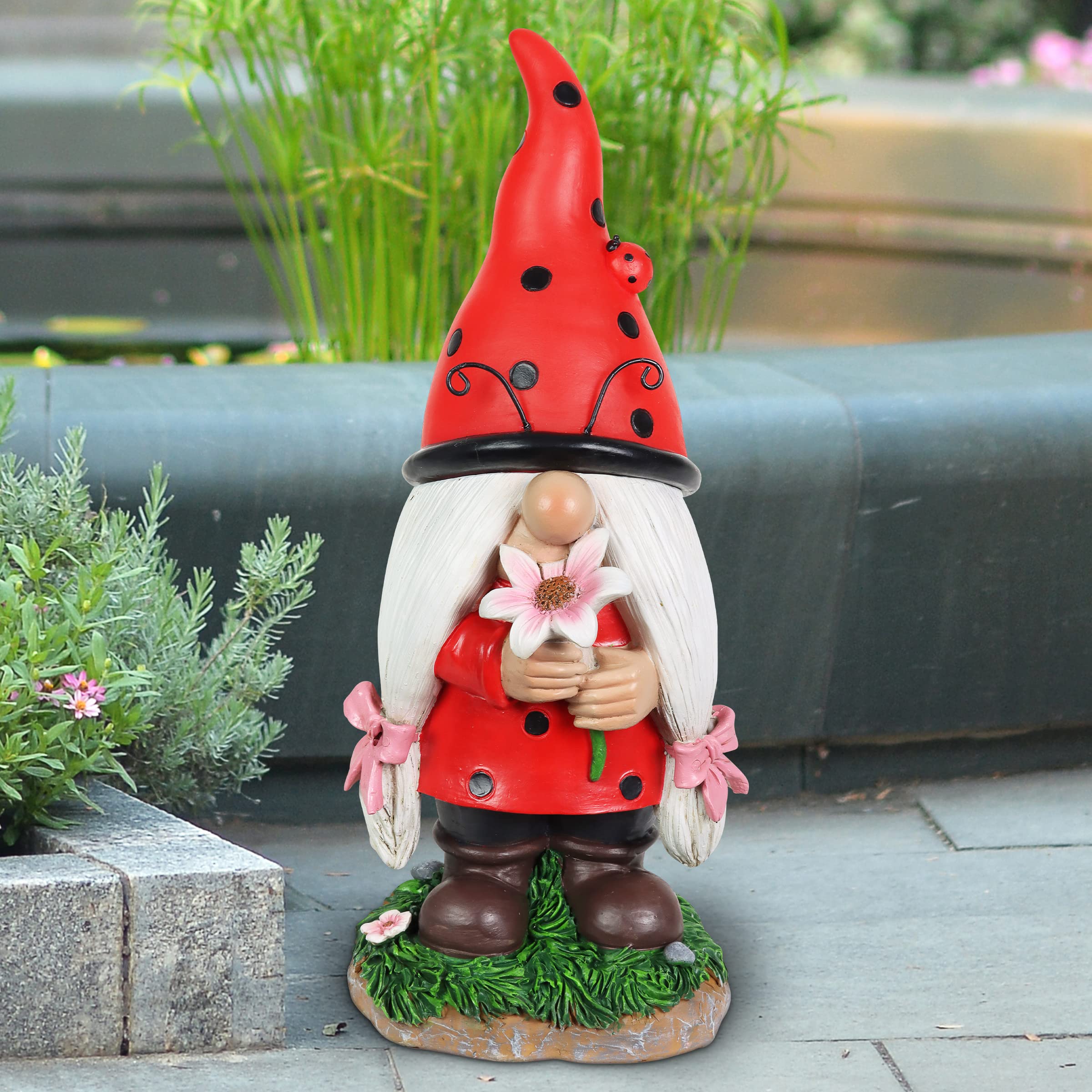 Solar-Powered Ladybug Gnome Statue with LED Lights – 5 x 5.5 x 12.5 Inch Outdoor Garden Decor for Lawn, Yard & Patio – Exhart Garden Gnome with Red Hat & Pink Flower – Perfect for Backyard, Flower Beds & Gift Giving
