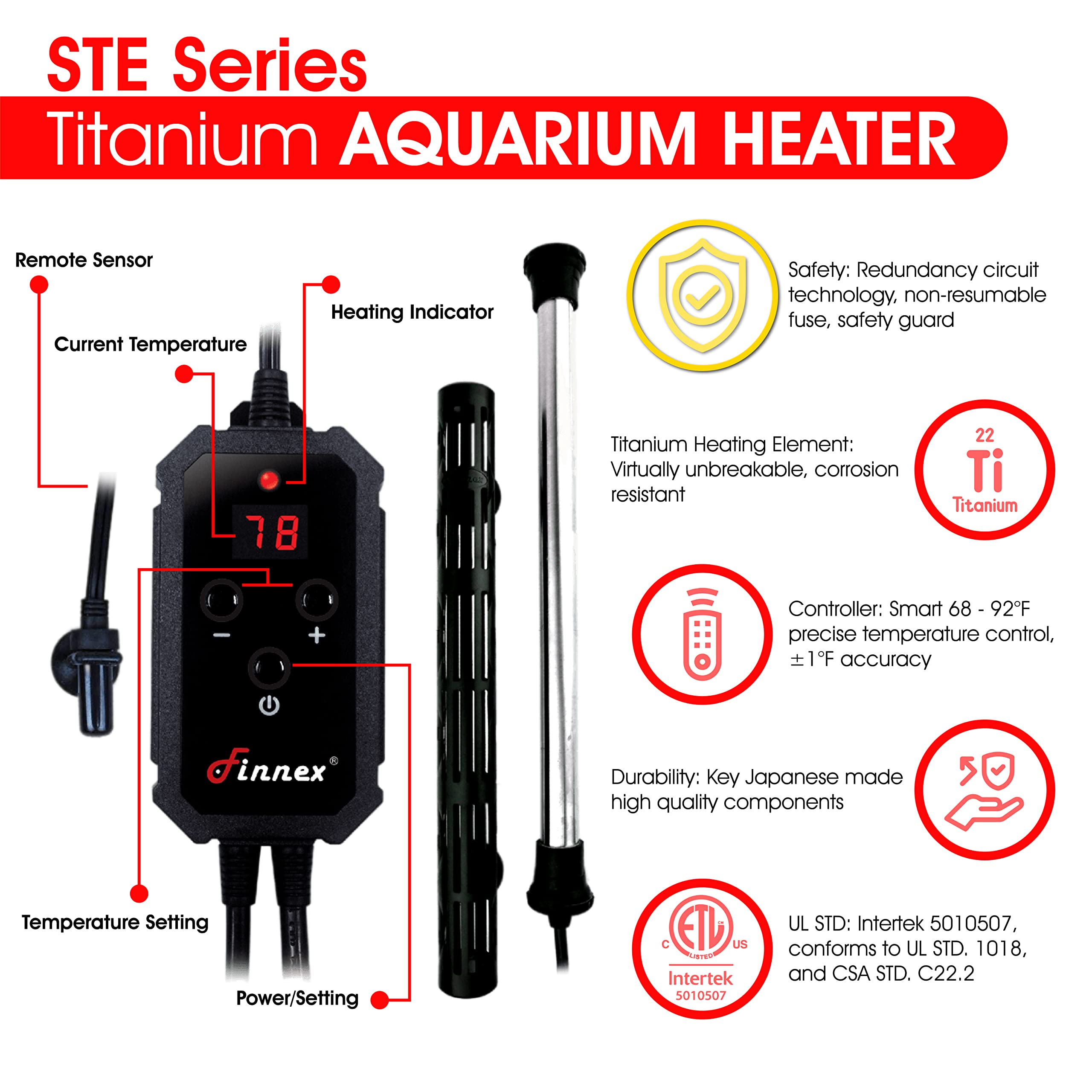 Finnex Titanium Aquarium Heater 200W - ETL Certified with Redundancy Protection & Heater Guard - Reliable Fish Tank Water Heater for Saltwater & Freshwater Aquariums - Perfect for Home, Office & Pet Stores
