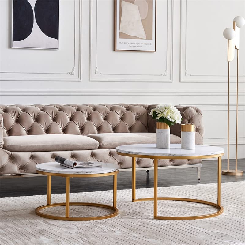 Modern Nesting Coffee Table - Golden Metal Frame & Marble Top for Living Room Decor