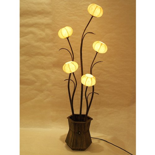 Handmade Mulberry Rice Paper Ball Flower Pot Design - Yellow Round Globe Lantern with Brown Asian Oriental Accent | Decorative Floral Uplight for Bedroom, Living Room & Office | Unique Table & Floor Lamp for Home Decor
