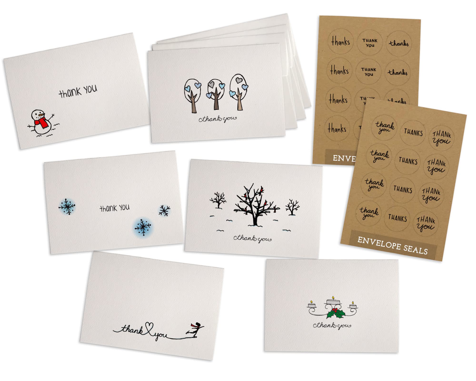 Eco-Friendly Winter Thank You Note Cards - 24 Pack with Envelopes & Kraft Sticker Seals | 100% Recycled Textured Greeting Cards | Perfect for Holiday Gifts, Christmas Appreciation & Winter Season Correspondence