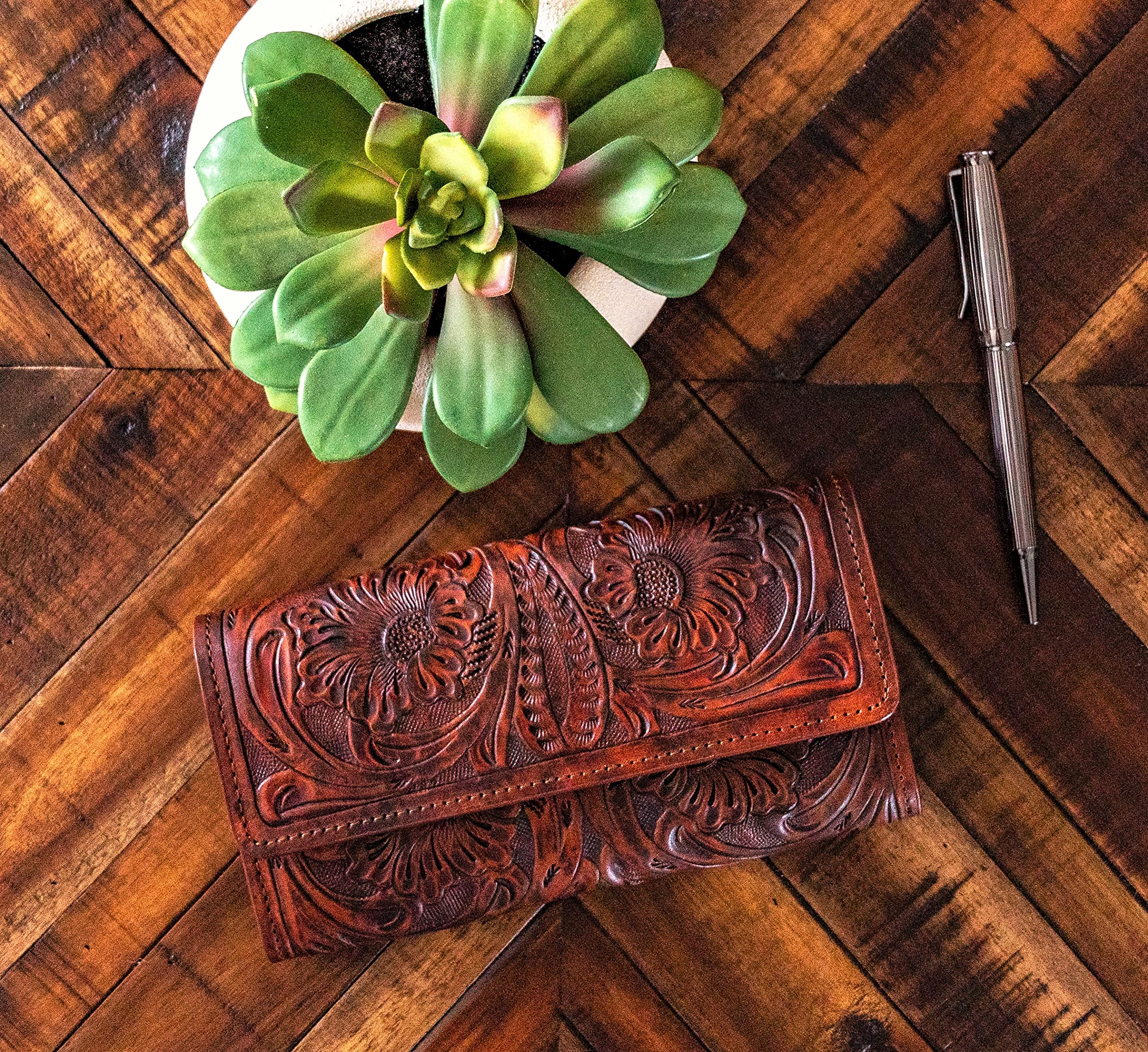 Mauzari Geneva Women's Tooled Leather Wallet - Genuine Koa Leather RFID Blocking Bifold Wallet for Women - Perfect for Everyday Use, Travel & Gift Giving