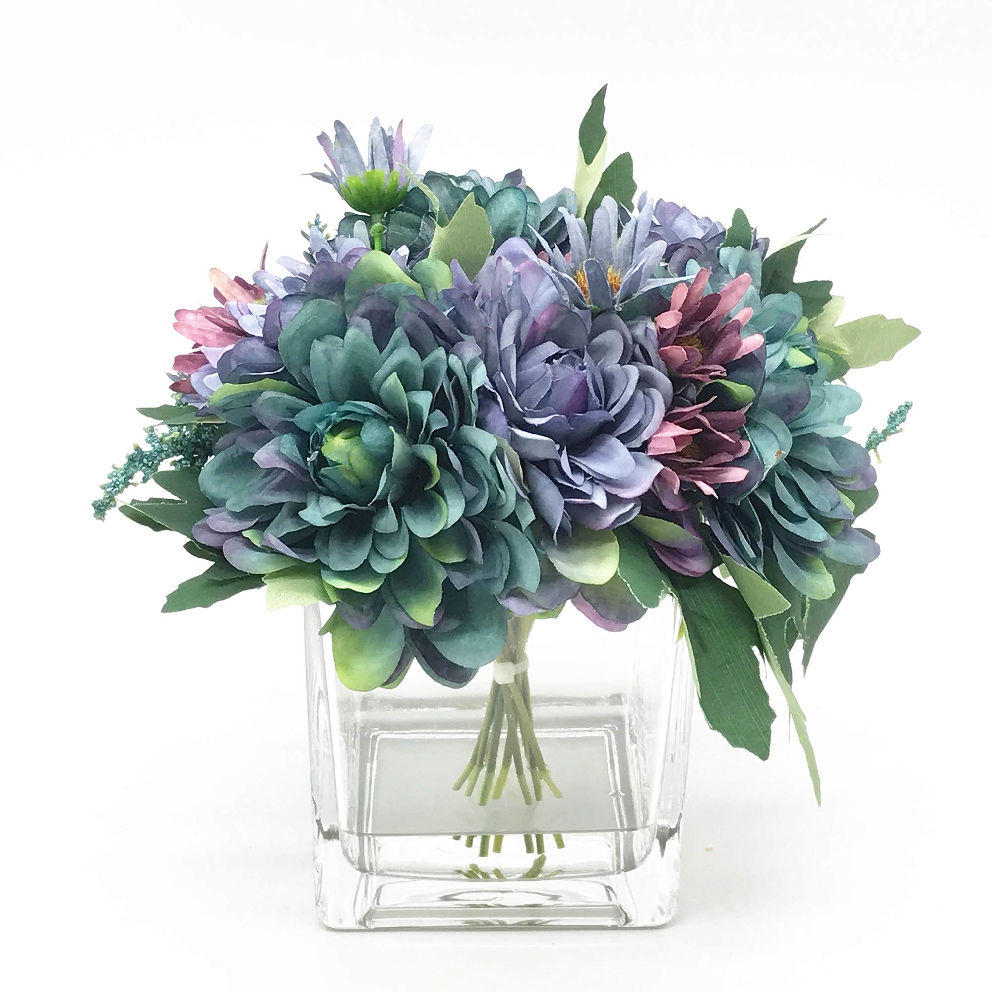 ENOVA HOME Silk Daisy & Mixed Flower Arrangement in Clear Glass Vase with Acrylic Water - Blue Artificial Flowers for Home Decor, Wedding Centerpieces, Office & Tabletop Decoration