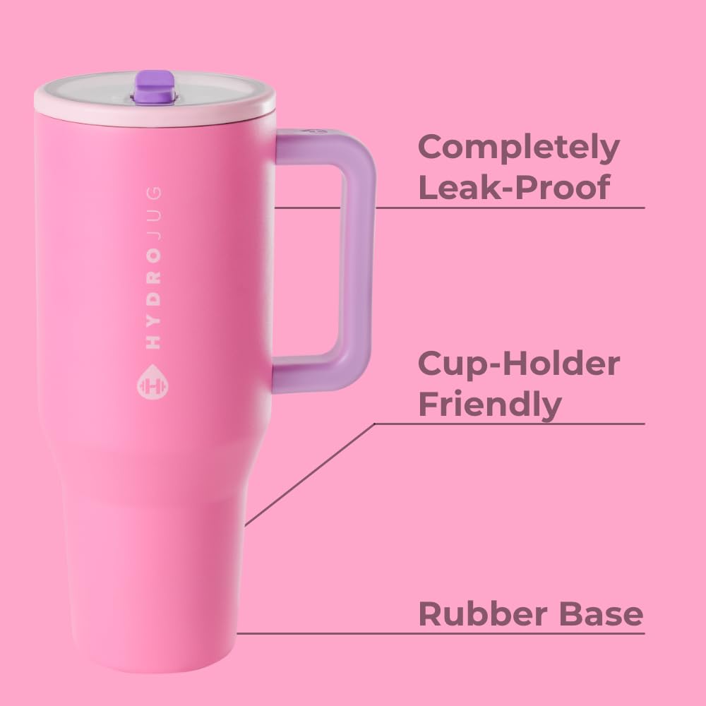 HydroJug Traveler - 40 oz Insulated Stainless Steel Water Bottle with Handle & Flip Straw - Leak Proof Tumbler with Rubber Base - Fits in Car Cup Holder - Perfect Gift for Women & Men (Pink Sugar) - Ideal for Gym, Hiking, Office & Travel Hydration