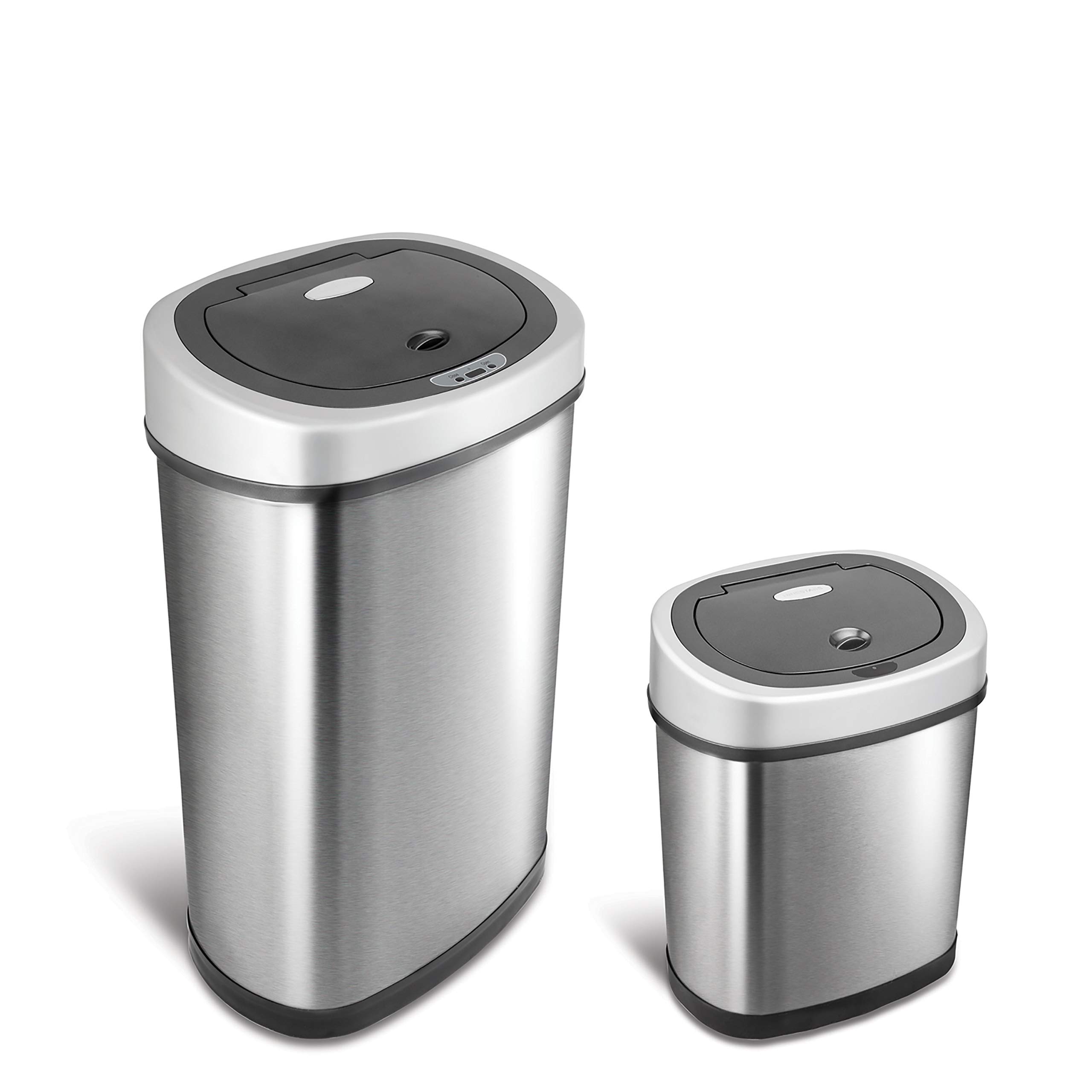 NINESTARS Automatic Touchless Infrared Motion Sensor Trash Can Combo Set - 13 Gal (50L) & 3 Gal (12L) Stainless Steel Base, Oval Design with Silver/Black Lid - Perfect for Kitchen, Bathroom, Office & Home Use