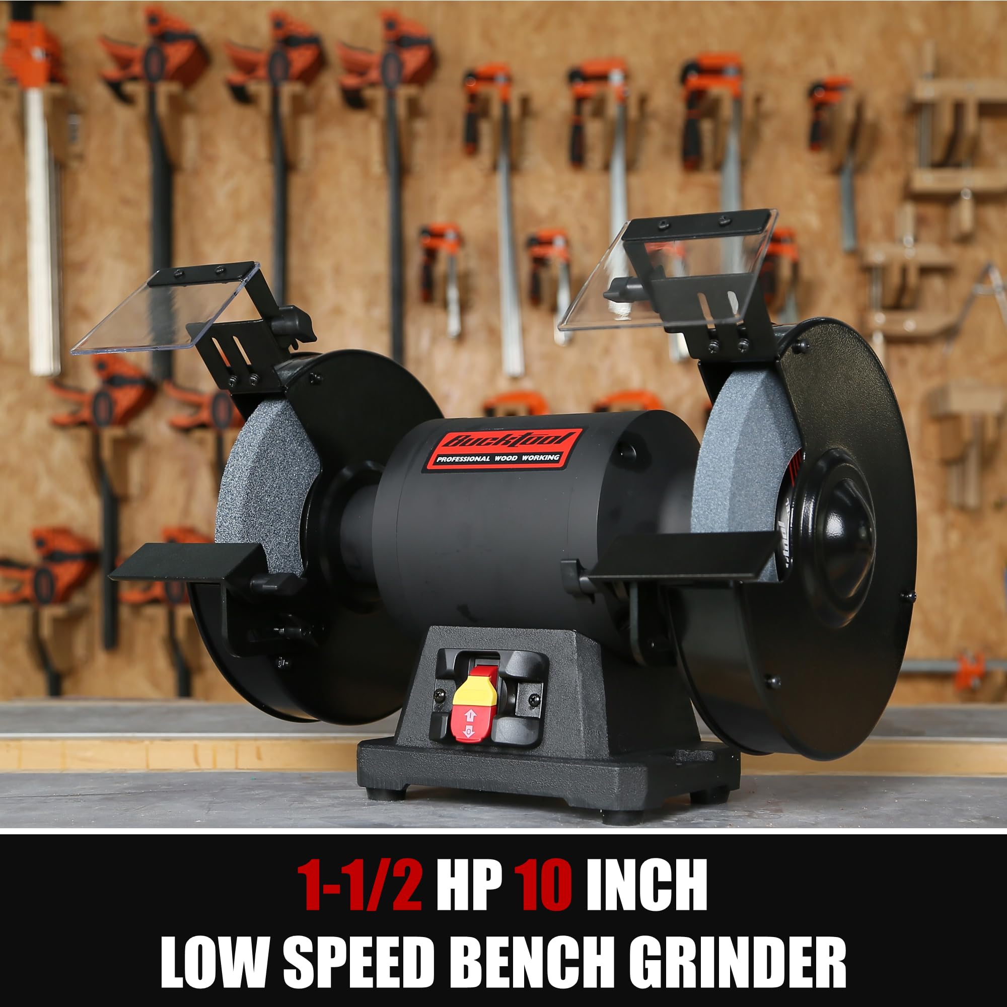 BUCKTOOL 1.5HP 10 Inch Low Speed Bench Grinder - 1750 RPM Table Grinder with 13A Motor, High Precision Wobble-Free Wheel for Metal & Woodworking - Perfect for Sharpening Tools, Knives & DIY Projects