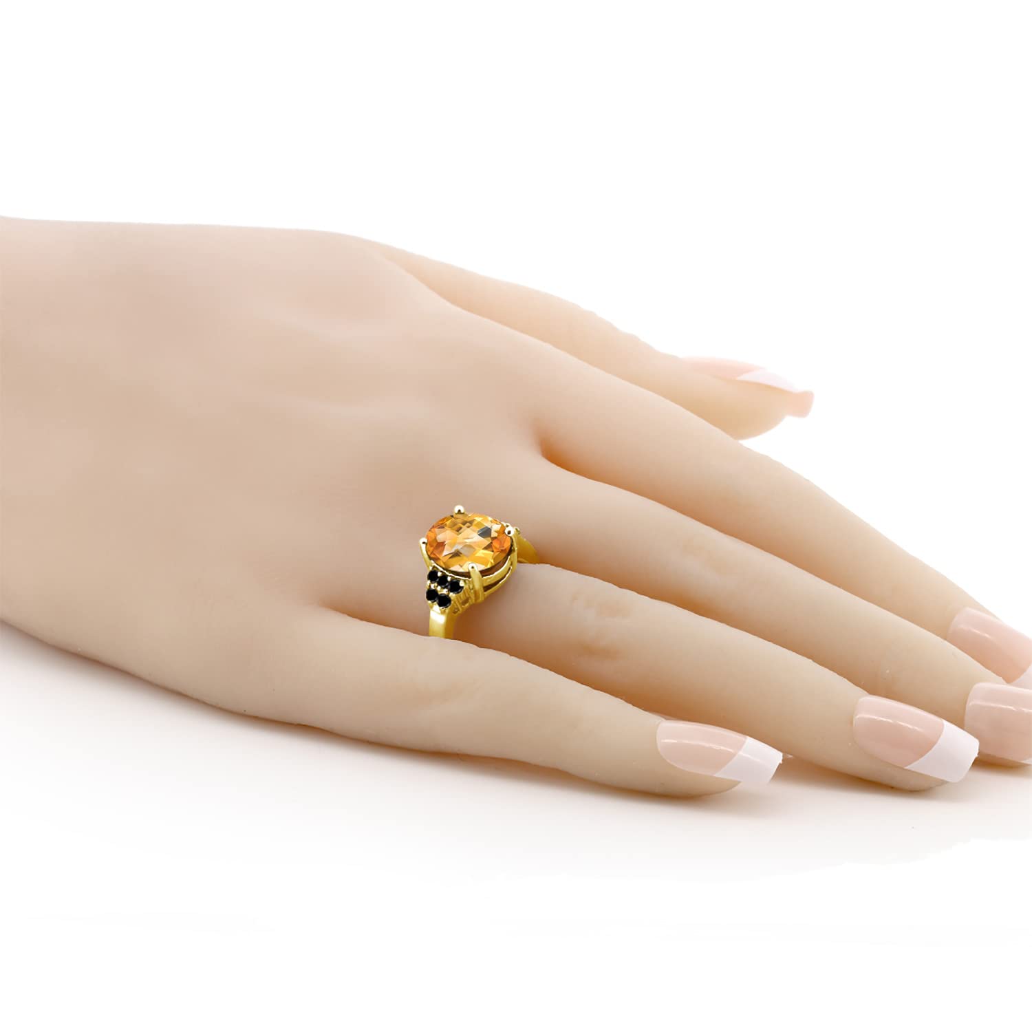 6.06 Ct Oval Checkerboard Yellow Citrine & Black Diamond Ring in 18K Gold Plated Silver | Gem Stone King | Elegant Jewelry for Women, Perfect for Weddings, Anniversaries & Special Occasions