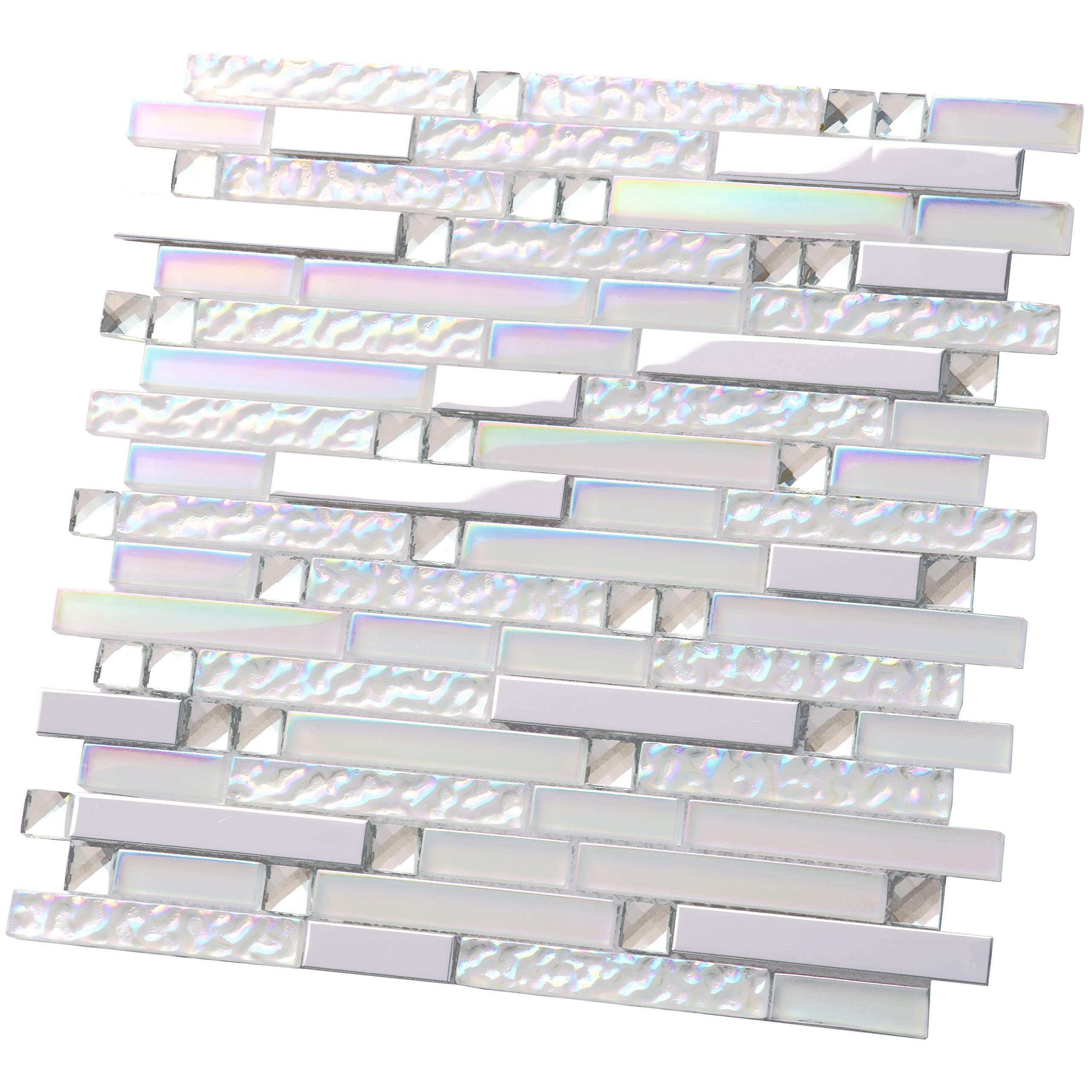 Iridescent White Crystal Glass Chrome Metallic Linear Mosaic Tile - Stain Resistant Kitchen Backsplash & Bathroom Shower Wall Tiles - 5 Sq Ft - Perfect for Modern Home Decor and Commercial Spaces