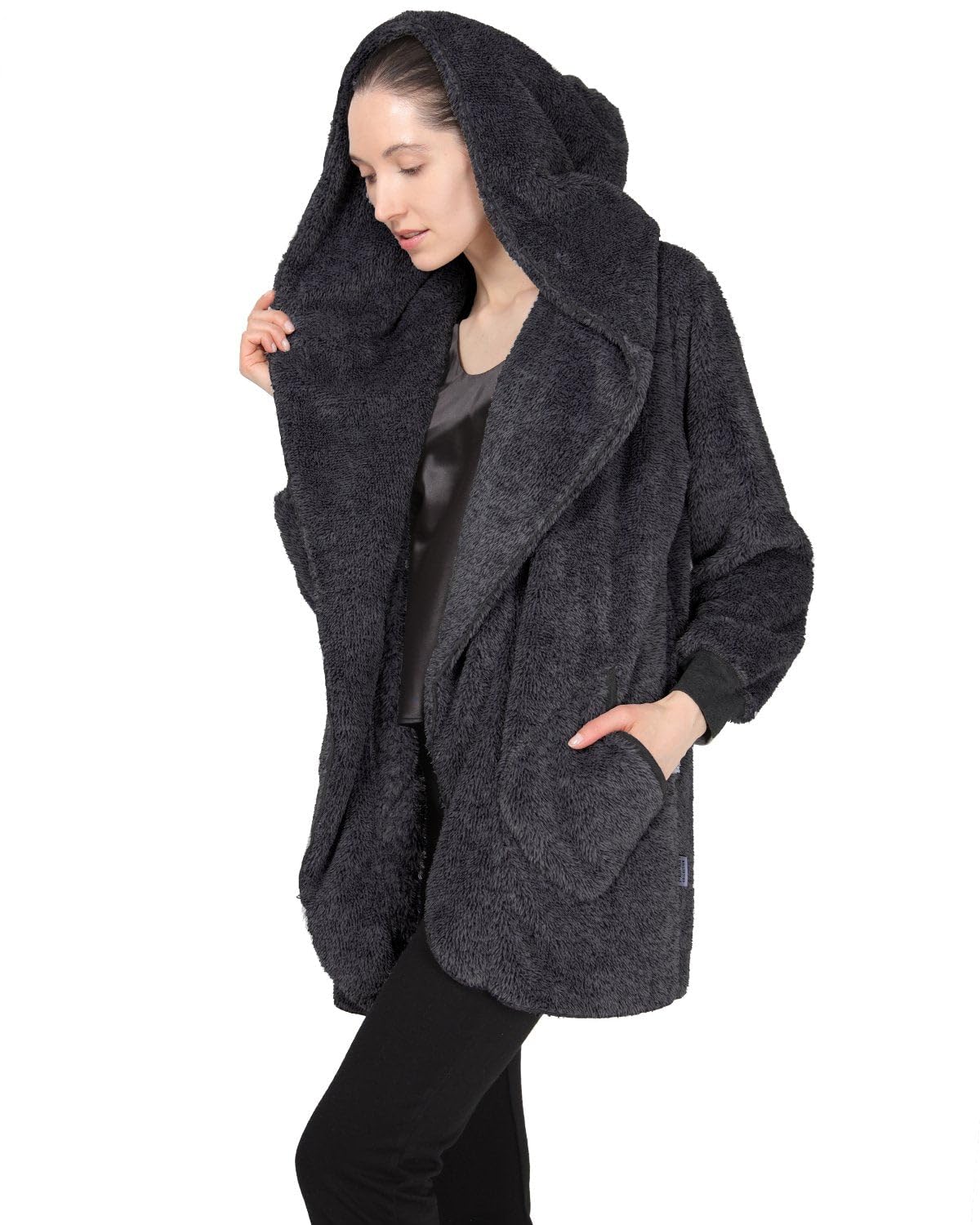 MeMoi Women's Cozy Marled Plush Hooded Sweater with Shawl Collar - Soft Lounge Pullover for Relaxing at Home - Charcoal Grey Small/Medium - Perfect for Casual Wear & Winter Comfort
