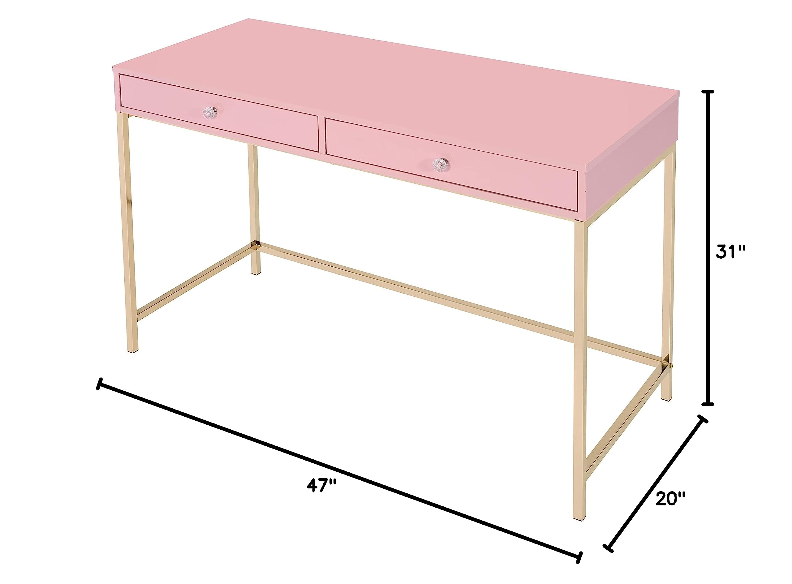 Modern Pink Writing Desk with 2 Drawers - Contemporary Home Office Computer Desk with Sturdy Metal Legs, Multifunctional Study Desk & Makeup Vanity Table for Small Spaces, Bedroom & Dorm Room