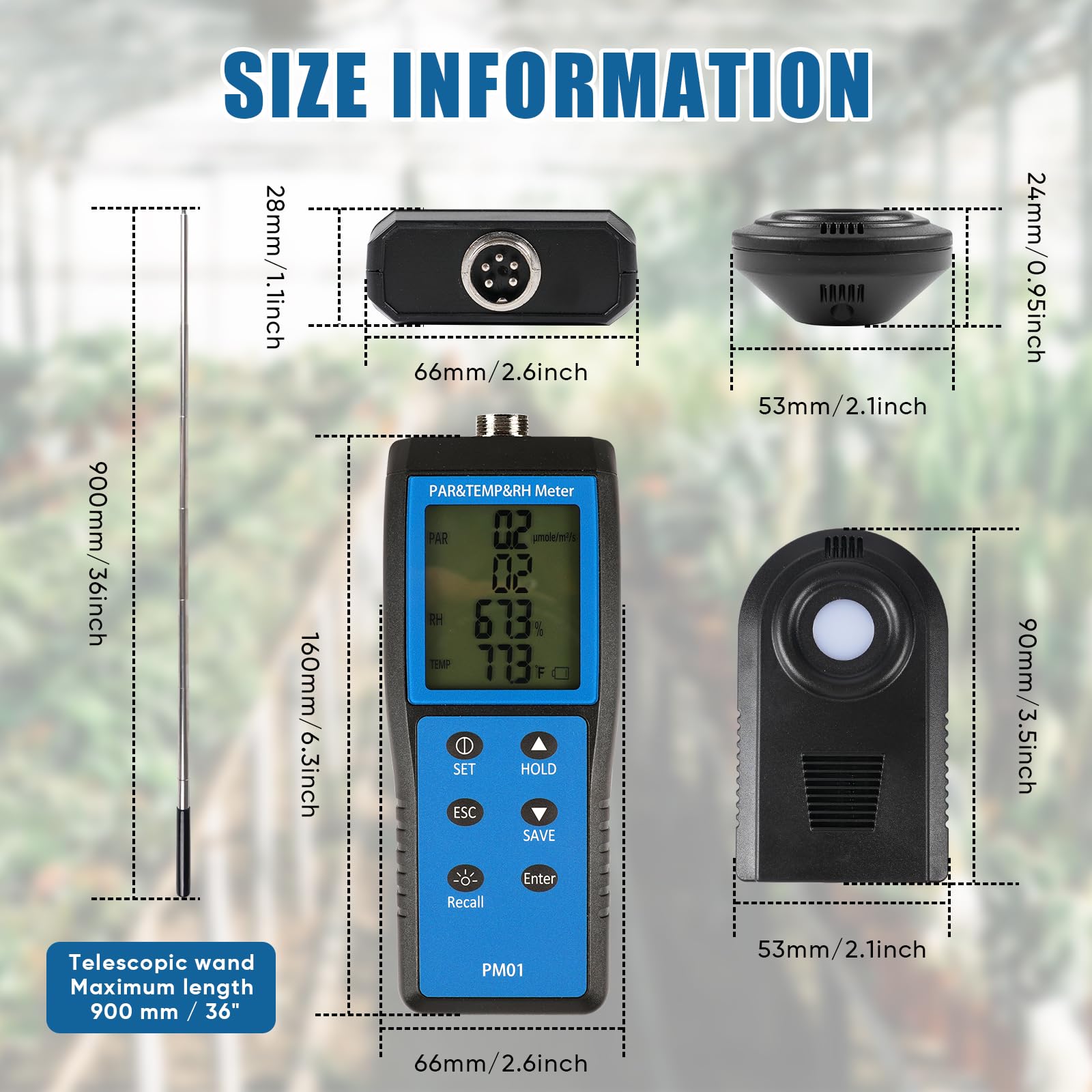 Quantum PAR Meter for LED Grow Lights - 400-700nm Wavelength Range with Temperature & Humidity Display | PPFD Meter with 36