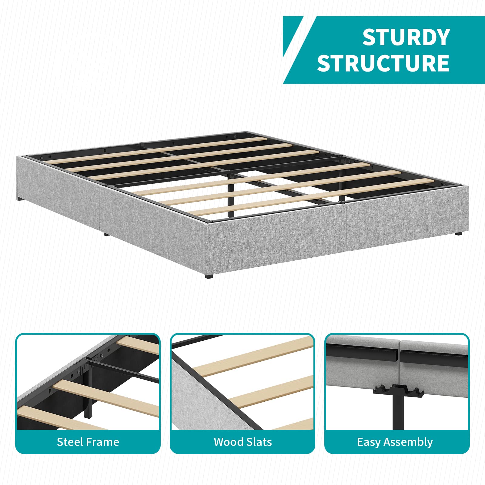 BALUS Queen Upholstered Platform Bed Frame with Storage Drawers - Heavy Duty Wood Slat Support, No Box Spring Needed, Noise Free & Easy Assembly, Light Grey - Perfect for Small Bedrooms & Guest Rooms with Extra Storage Space