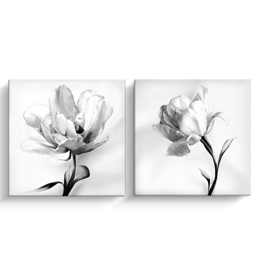 Pinetree Art Grey Floral Canvas Wall Art Set of 2 Panels - Black and White Flower Prints for Bedroom, Living Room, Bathroom & Home Decor (12x12 Inches, White Flower) | Perfect for Modern Farmhouse, Boho Chic & Minimalist Interior Design