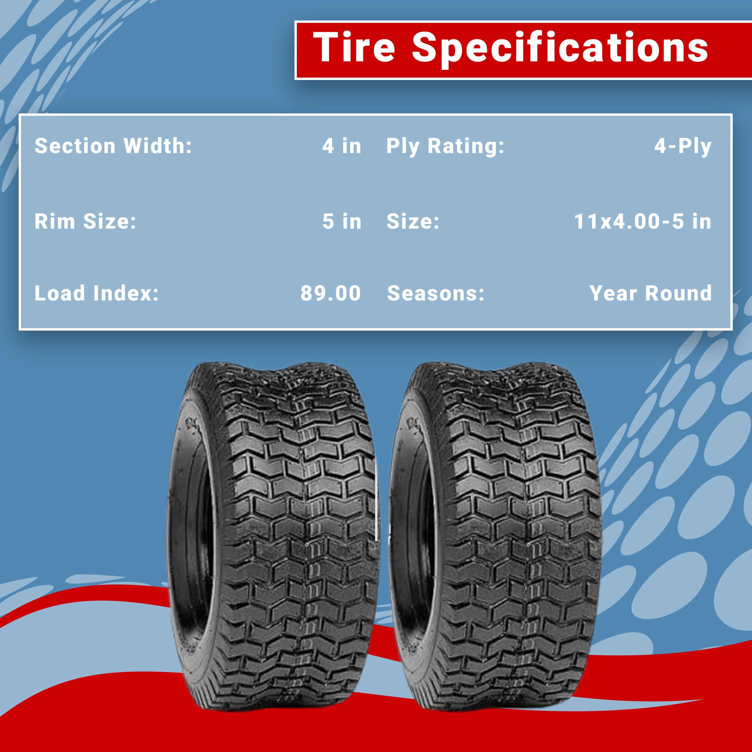 11x4.00-5 Heavy Duty Tubeless Lawn Mower Tires 4PR - Professional Grade Turf Tires for Tractors, Go Karts & Outdoor Equipment | Perfect for Golf Courses, Landscaping & Commercial Lawn Care