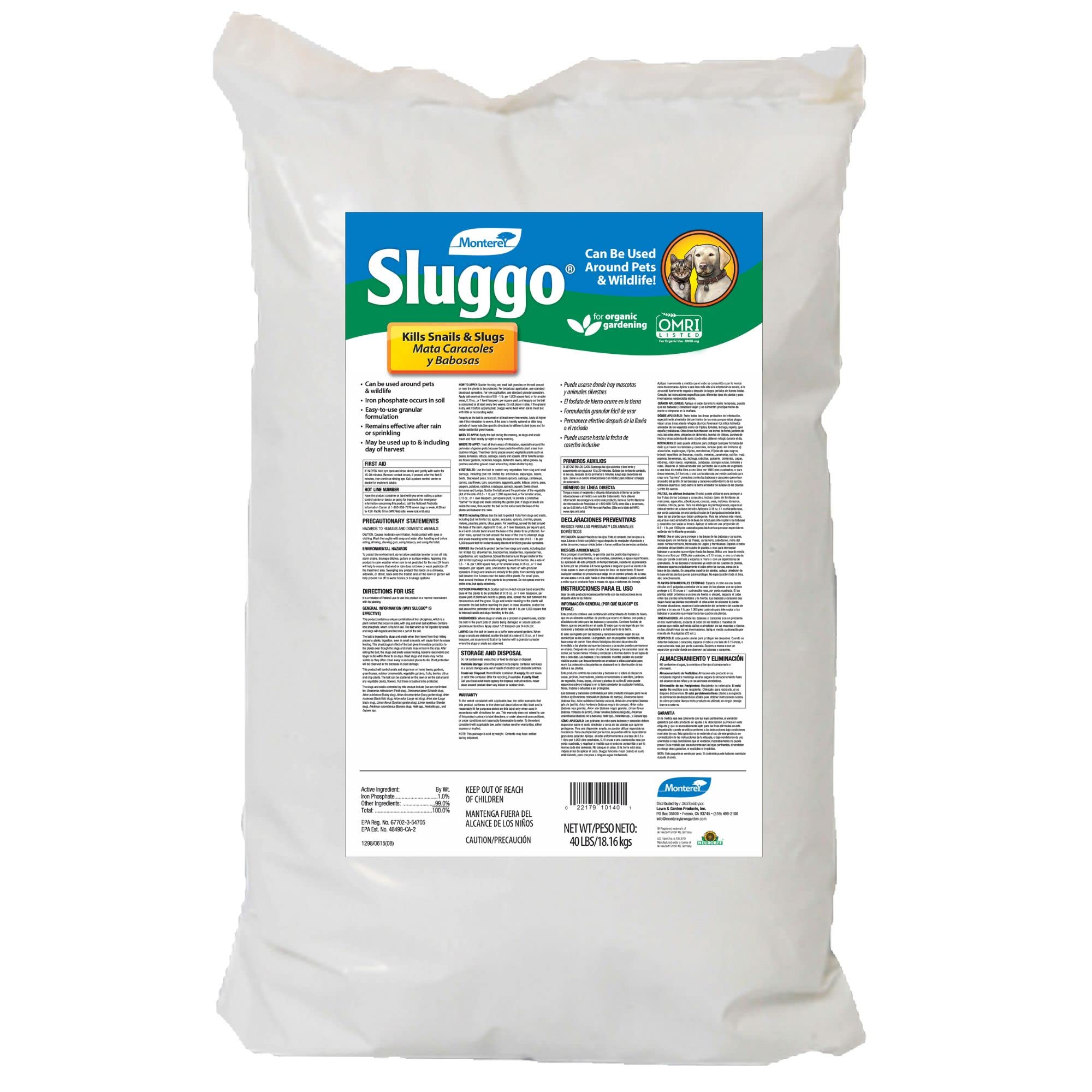 Organic Sluggo Slug Bait & Killer - Monterey 40lb Pet & Wildlife Safe Slug Control for Gardens, Lawns & Vegetables | Eco-Friendly Pest Solution