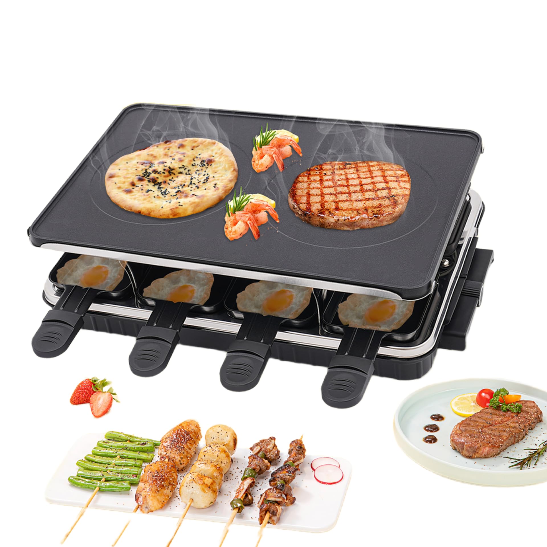 2-in-1 Electric Raclette Table Grill & Indoor Griddle - 1300W Nonstick Korean BBQ Grill with Reversible Cast Aluminum Plate & 8 Raclette Cheese Pans - Perfect for Family Gatherings, Dinner Parties & Indoor Grilling