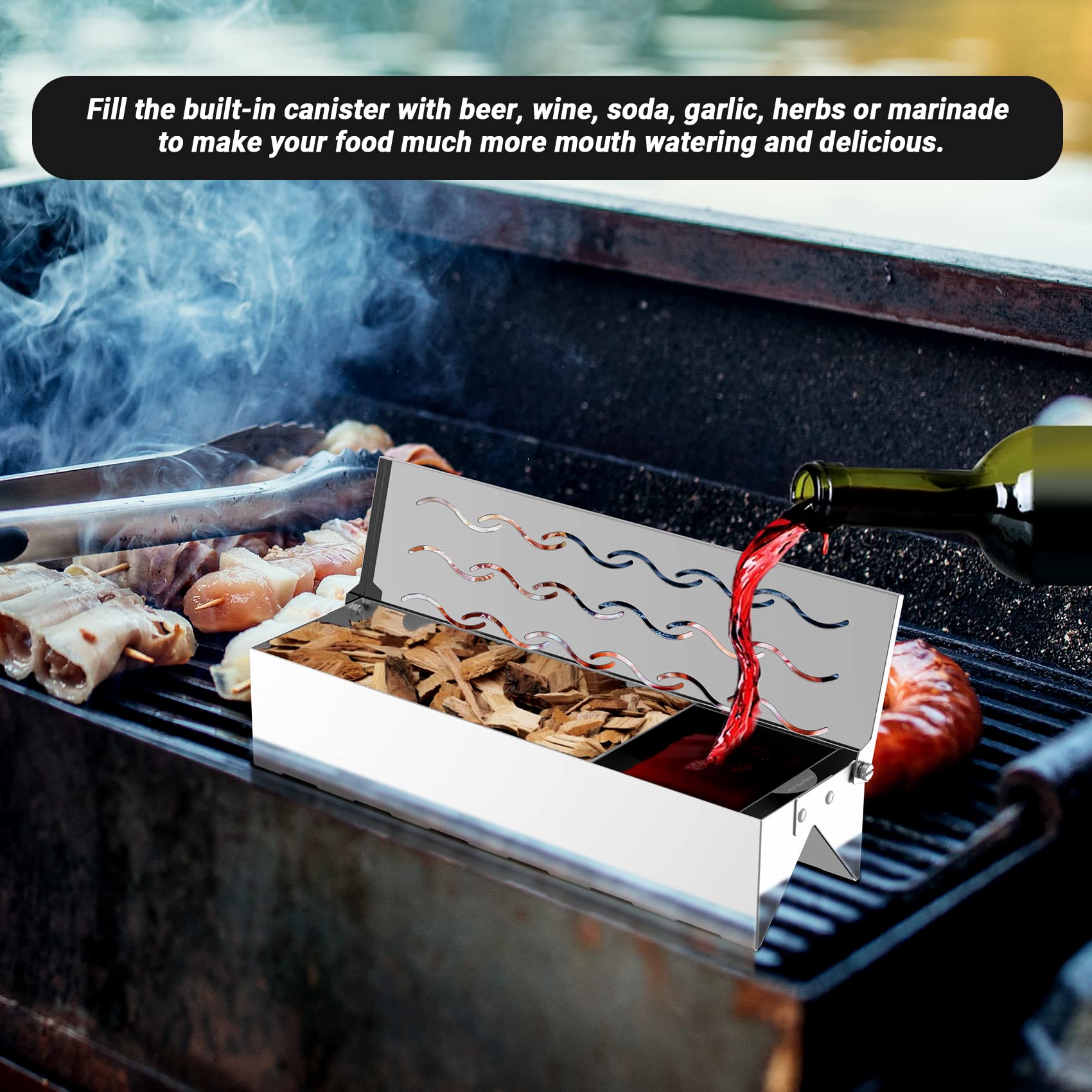 Skyflame Stainless Steel Smoker Box with Canister - Double V-Shape BBQ Wood Chips Box with Wavy Vent & Hinged Lid - 12
