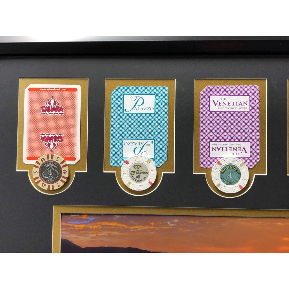 Authentic Las Vegas Hotel Casino Playing Cards & Poker Chips Collage - Framed Wall Art for Game Room Decor (Set of 10) - Perfect for Poker Lovers, Man Cave, and Casino Themed Home Decor