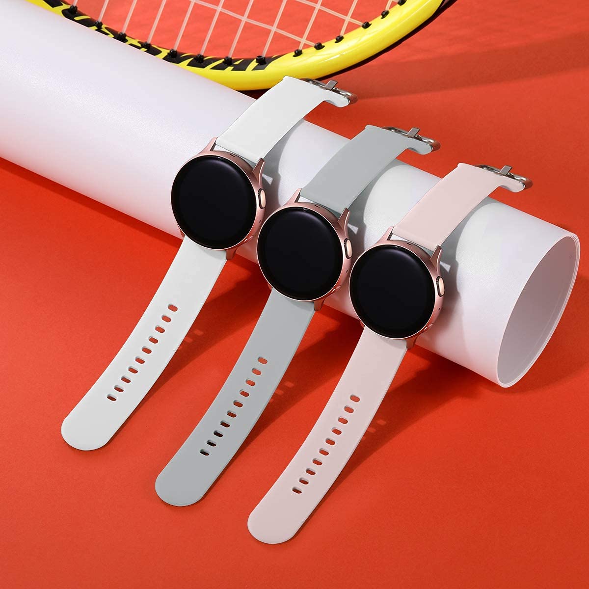 Lerobo 20mm Silicone Sport Replacement Watch Bands - Compatible with Samsung Galaxy Watch 3 (41mm), Galaxy Watch (42mm), Active 2 (40mm/44mm) - 3 Pack (Gray, White, Pink Sand) - Soft Durable Strap for Running, Swimming & Everyday Wear