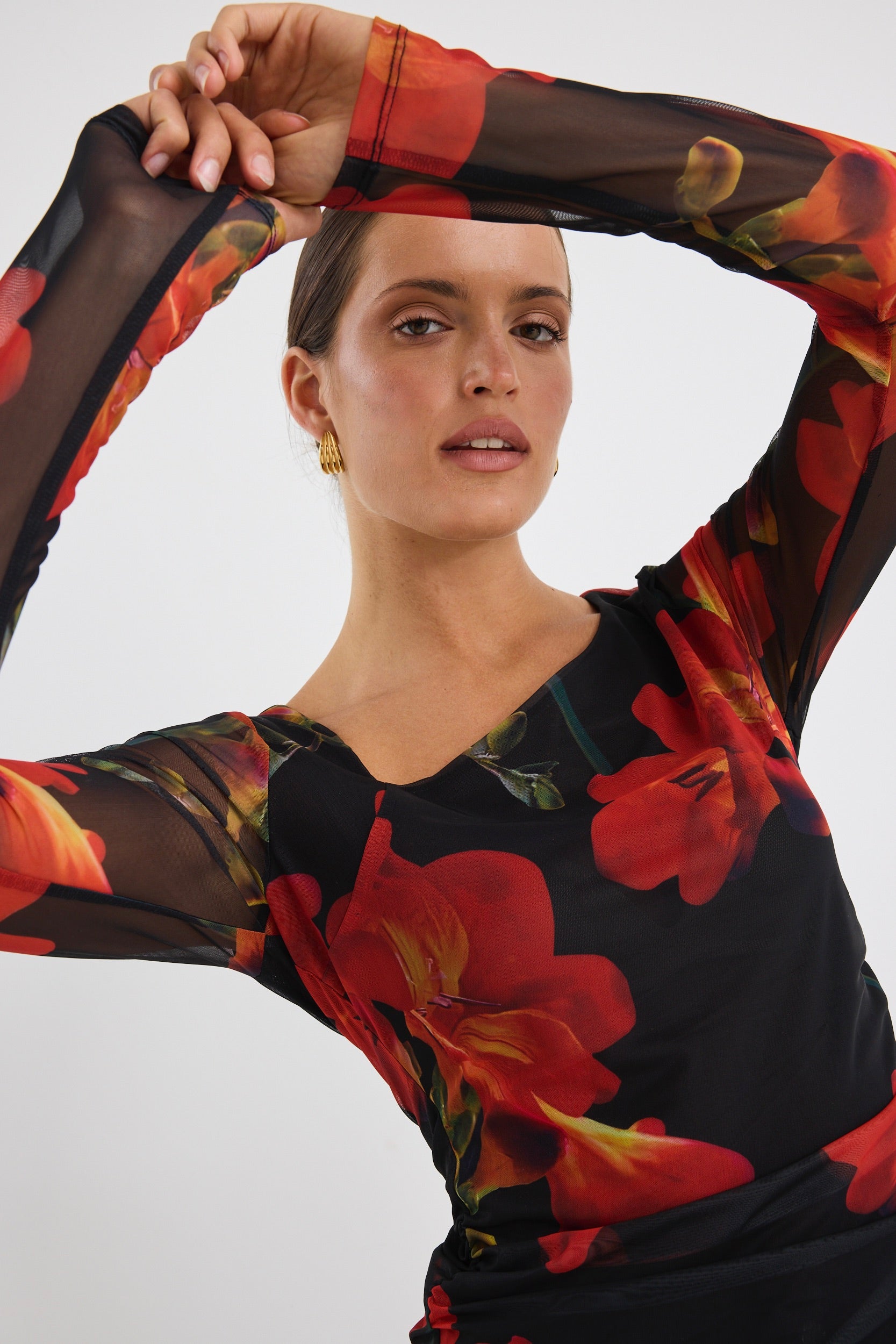 Stylish Asymmetrical Long Sleeve Mesh Top with Red Floral Print - Perfect for Casual Outings, Date Nights & Boho Fashion Looks