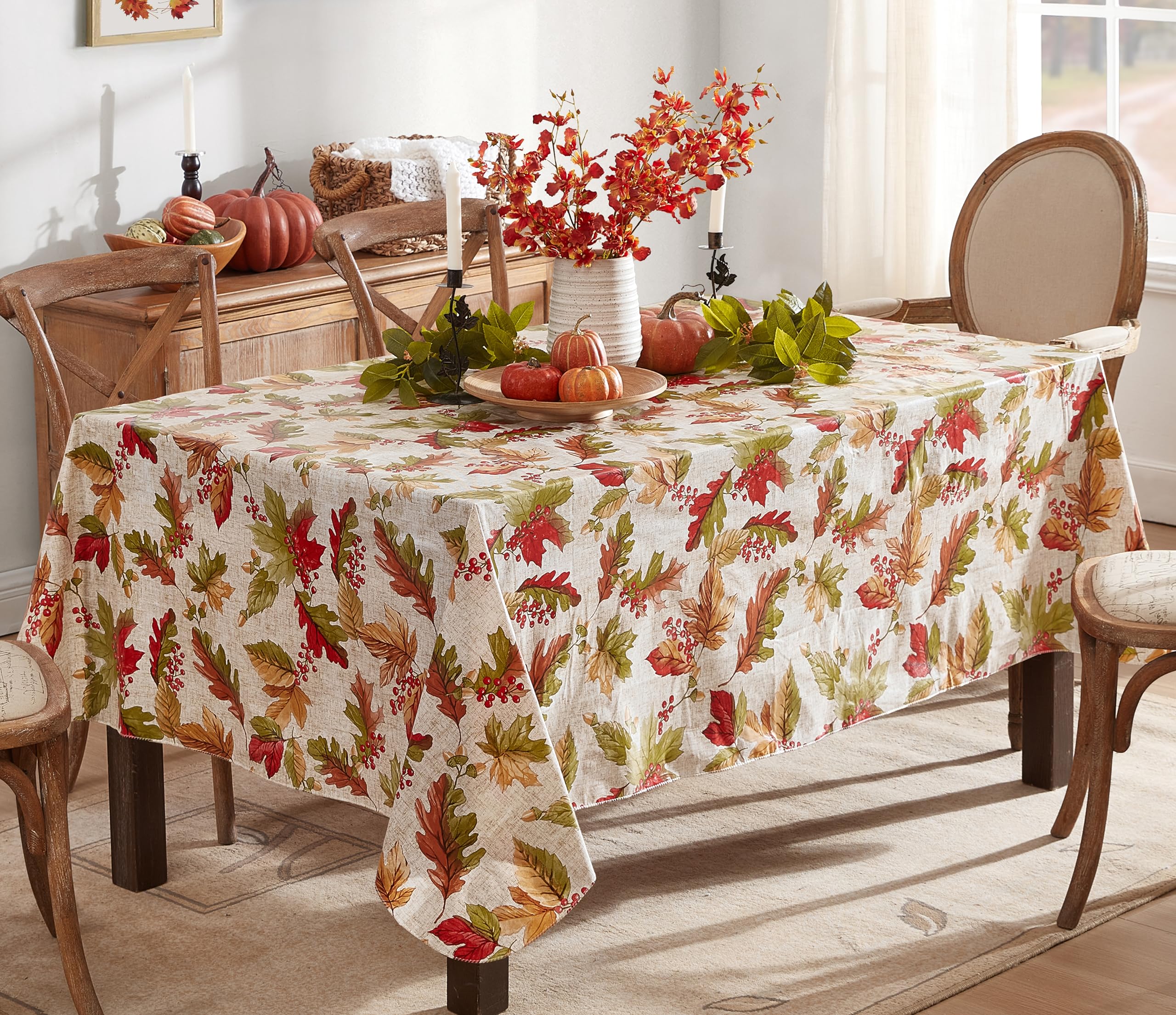 Newbridge Rustic Fall Acorn & Leaf Print Vinyl Flannel-Backed Tablecloth 60x120 Inch - Waterproof Autumn Thanksgiving Table Cover for Dining Room, Kitchen Decor & Seasonal Home Decoration | Perfect for Holiday Gatherings, Family Dinners & Cozy Fall Entertaining
