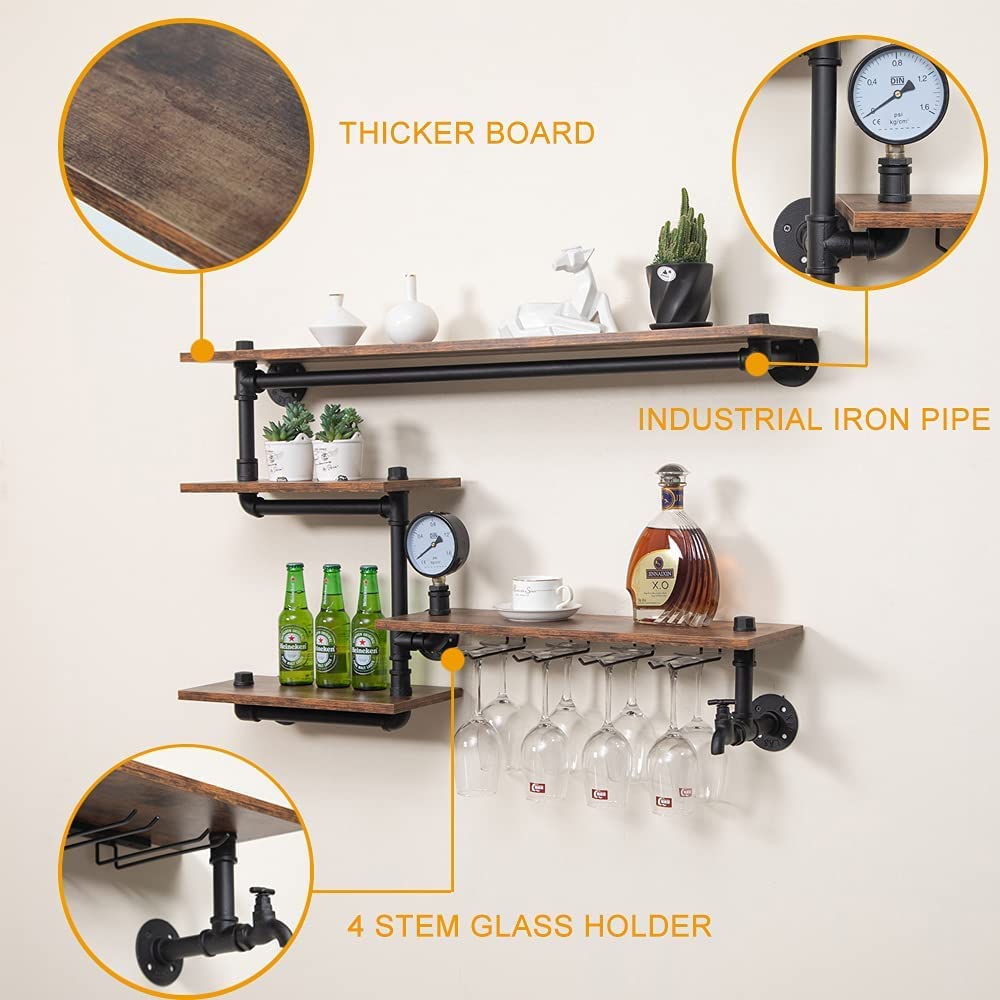 Industrial Pipe Shelves Wine Rack - 39in Wall Mounted Metal Hanging Shelf with 4 Stem Glass Holder, Rustic Floating Pipe Shelf for Living Room, Kitchen, Bar Decor - Perfect for Wine Storage, Glass Display & Home Organization