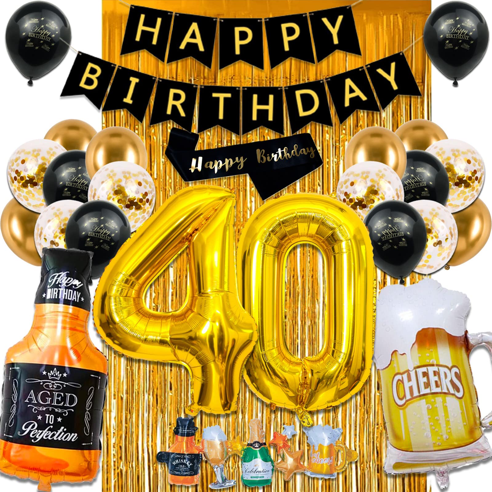 Black and Gold 40th Birthday Party Decorations for Men - Happy Birthday Banner, Fringe Curtain, Confetti & Latex Balloons Set - Perfect for Milestone Birthday Celebrations, Retirement Parties & Surprise Decor