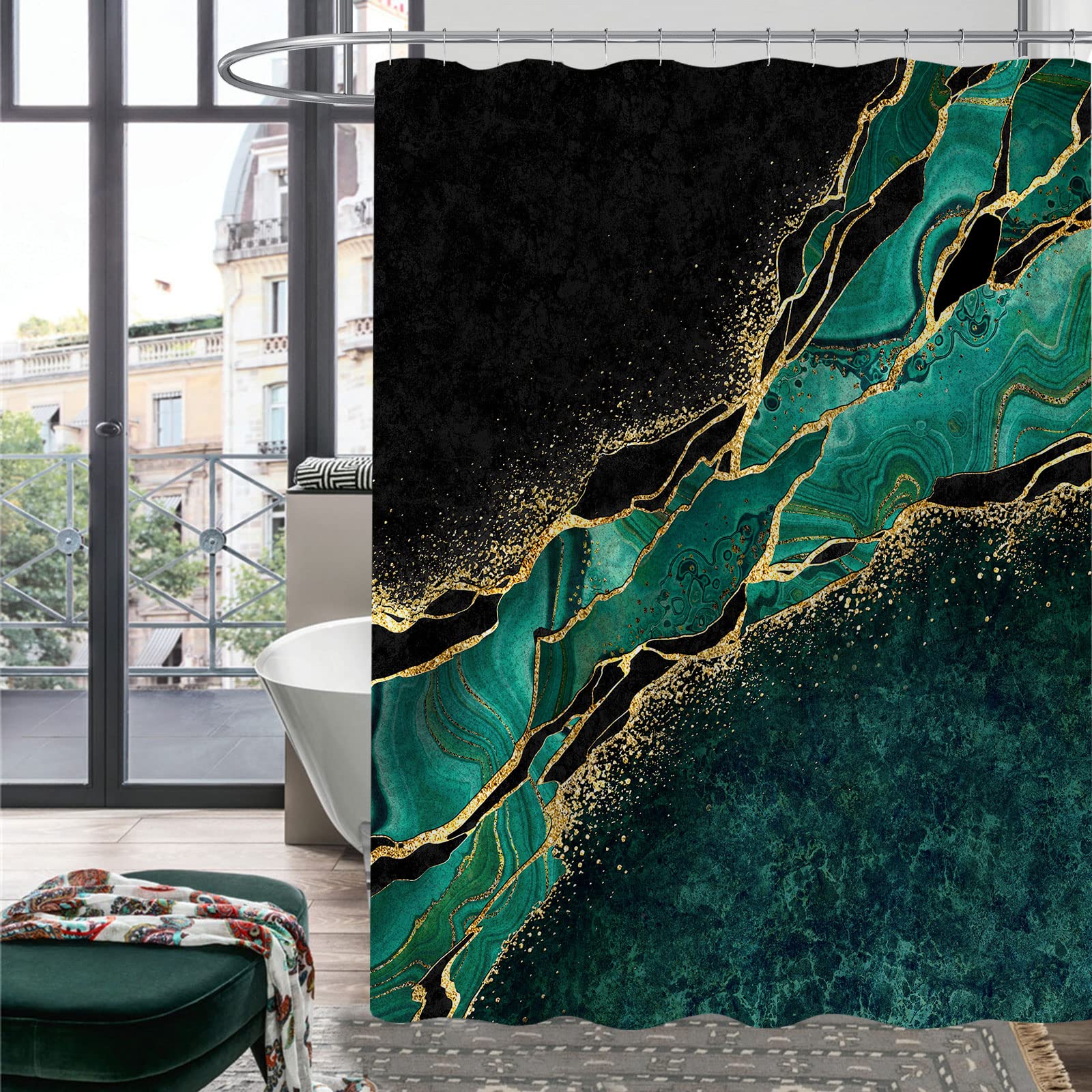Gibelle Green Shower Curtain - Waterproof Abstract Black Marble with Gold Veins, 72 x 72 Inches, Luxury Bathroom Decor for Modern Homes - Perfect for Spa-Like Showers and Elegant Bathroom Upgrades