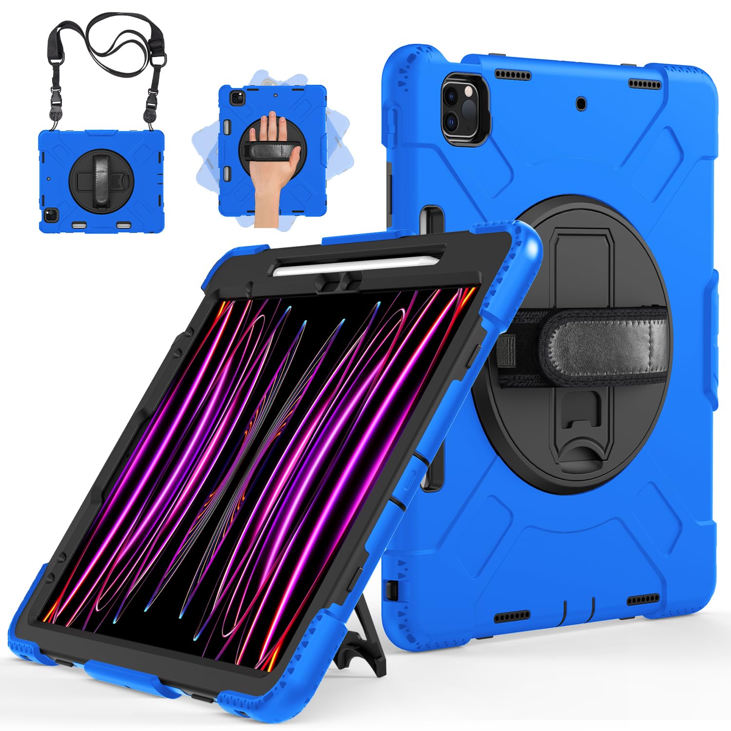 Military Grade Shockproof iPad Pro 12.9 Case (6th/5th/4th Gen) with Rotating Stand, Pencil Holder & Adjustable Strap - Black & Blue | Perfect for Work, Travel & Outdoor Use