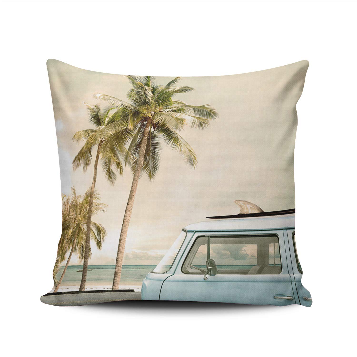 Tropical Beach Surfboard Car Throw Pillow Cover - 18x18 Inch Double-Sided Printed Square Decorative Pillow Case with Hidden Zipper | Perfect for Living Room, Bedroom & Coastal Home Decor