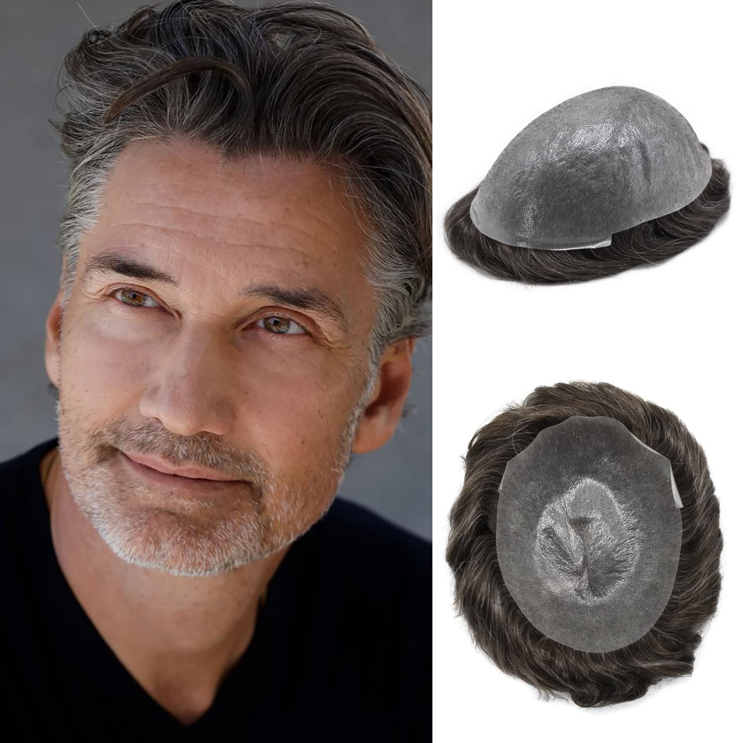 PU Skin Toupee for Men - 0.06mm Ultra Thin European Human Hair System with V-Loop Gray Hairpieces | Natural Looking Hair Replacement for Balding & Thinning Hair - Perfect for Daily Wear, Work & Social Events