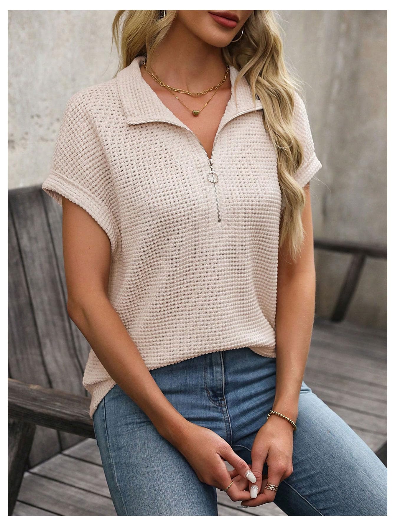 WDIRARA Women's Casual Waffle Knit Zipper Half Placket Tee Shirt - Mesh Short Sleeve Crop Top for Summer Outfits, Streetwear & Layering