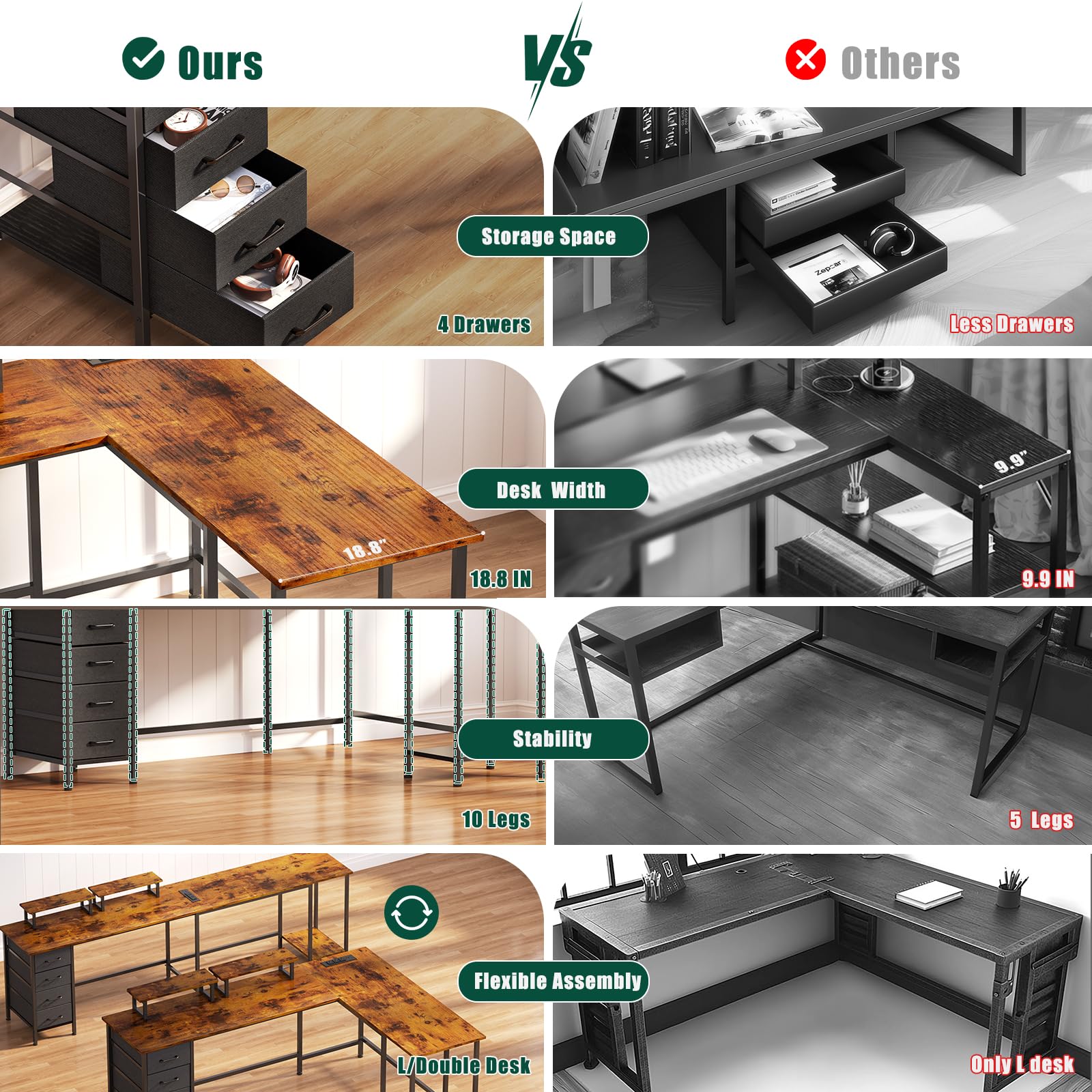 59 Inch L-Shaped Computer Desk with Power Outlets - Home Office Desk with 4 Adjustable Drawers & Dual Monitor Stands, Two-Person Gaming Desk for Bedroom, Rustic Brown - Perfect for Small Spaces & Multi-Monitor Setups