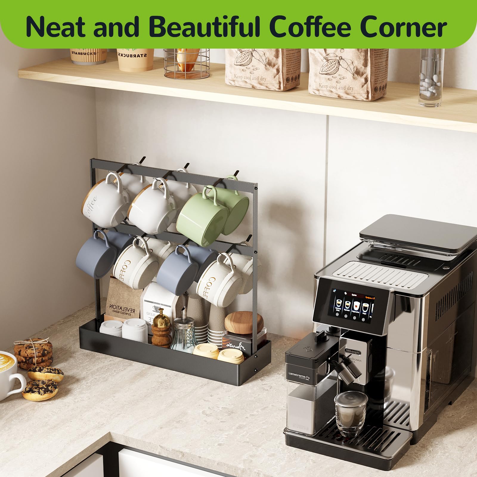 14-Cup Coffee Mug Holder with Hooks - 2-Tier Mug Tree Rack with Storage Base for Coffee Pods, Sugar Bags & Paper Cups | Space-Saving Countertop Organizer | Perfect Gift for Coffee Lovers (Home, Office, Cafe Use)