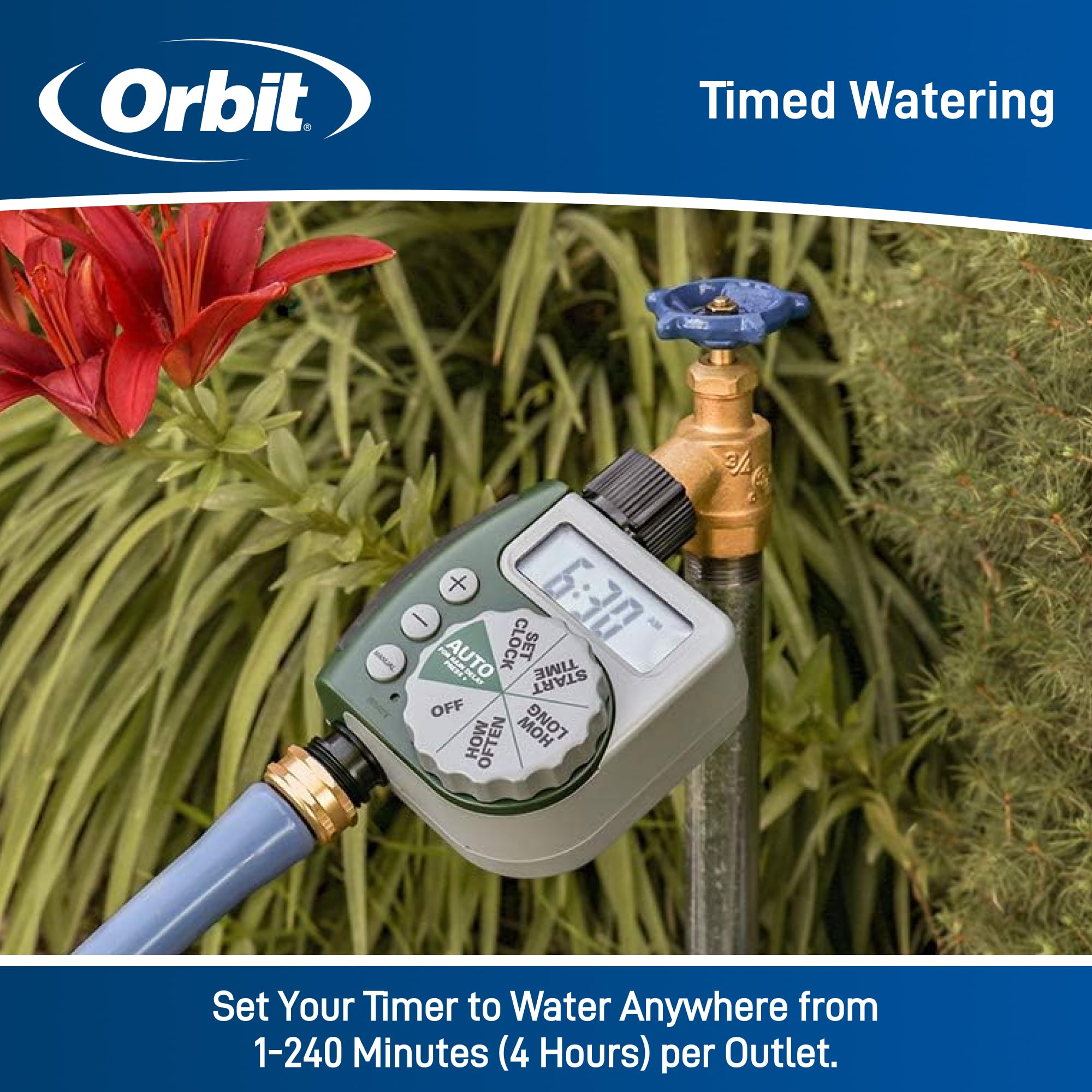 Orbit 62061Z 1-Outlet Programmable Hose Faucet Timer - Smart Watering Controller for Garden, Lawn & Outdoor Plants - Automatic Irrigation System for Sprinklers & Drip Systems