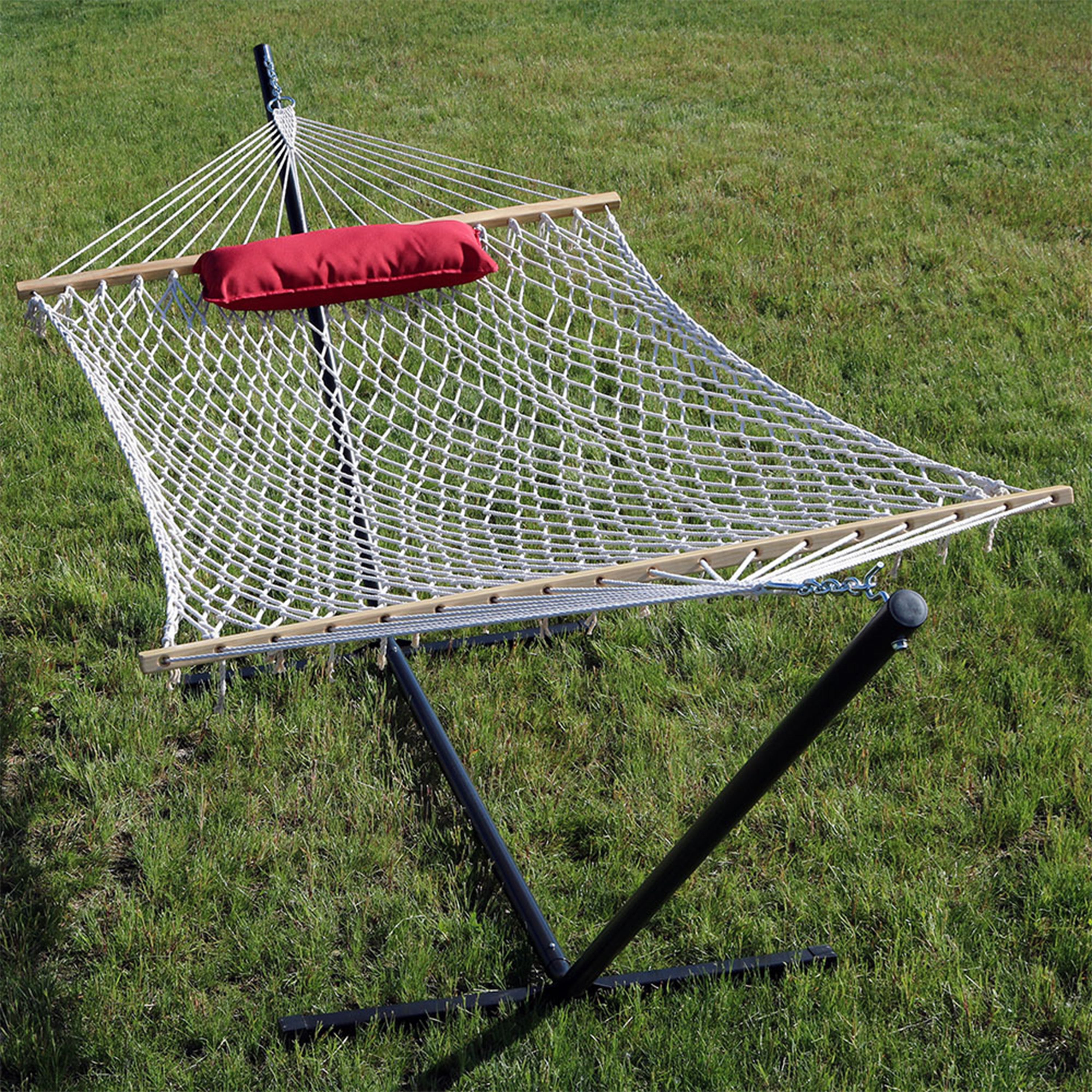 Premium Sunnydaze Rope Hammock with 12-Foot Steel Stand, Comfortable Pad & Pillow - Perfect for Backyard Relaxation, Beach Lounging & Outdoor Camping