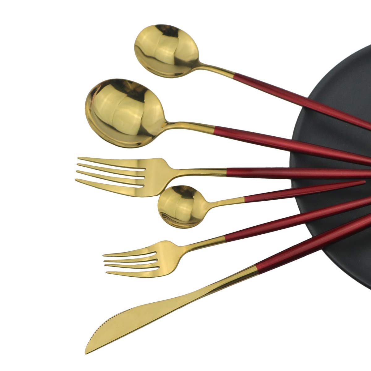 Gugrida 36-Piece Stainless Steel Silverware Set - 304 Mirror Polished Flatware with Red & Gold Handles, Forks Spoons Knives for 6 People, Elegant Curved Design - Perfect for Dinner Parties, Restaurants, and Home Dining