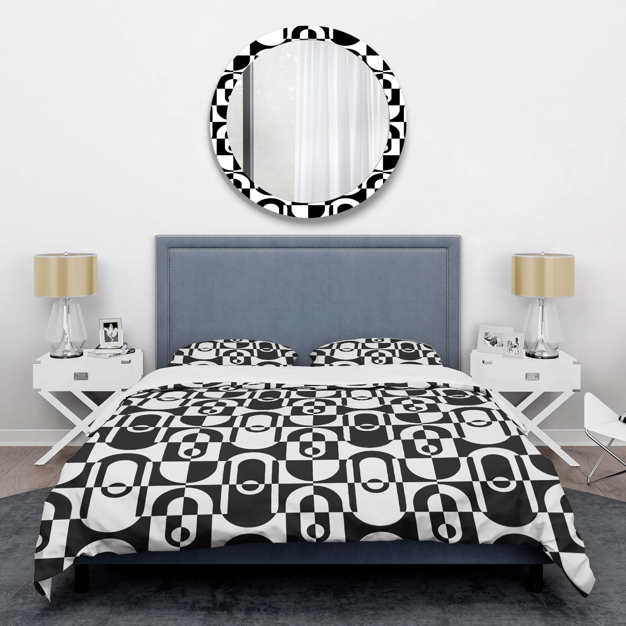 DesignQ Monochrome Geometric Pattern VIII Mid-Century Modern Duvet Cover Set - King Size Black Bedding (3-Piece) | All-Season Luxury Bedding for Master Bedroom & Guest Room Decor
