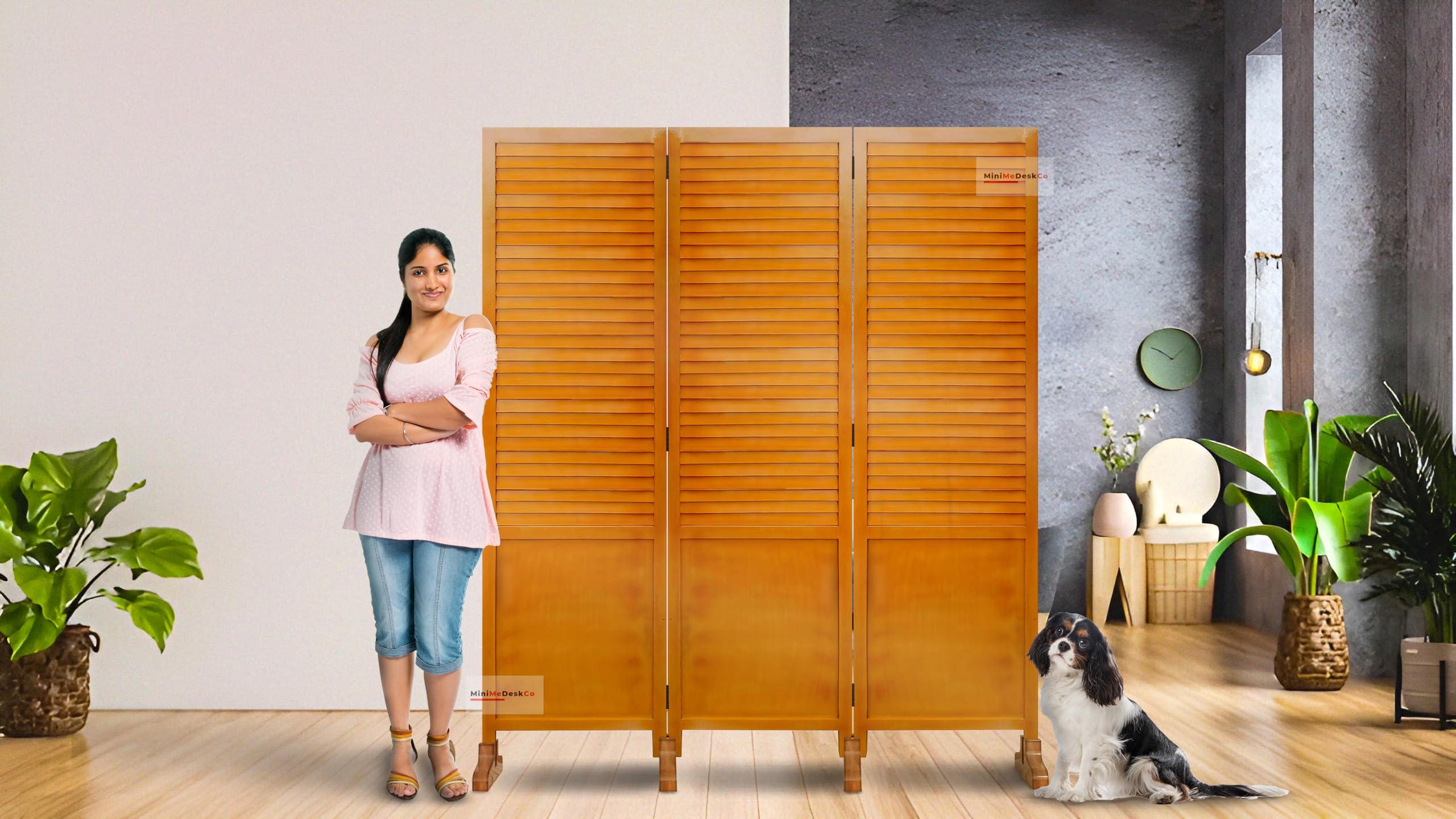 MiniMeDeskCo 3-Panel Wood Room Divider Screen - Portable Partition for Living Room, Bedroom, Office, Restaurant & Hallway - Space Separator with Stand for Home & Commercial Use